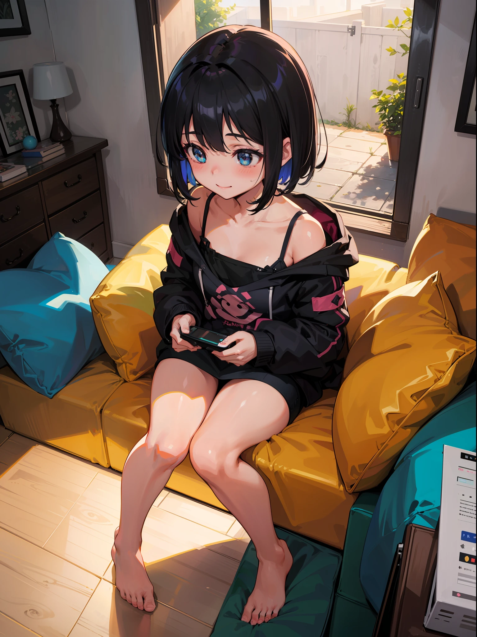 ((masute piece)), ((Best quality)), (Ultra-detailed), ((kawaii)), Cute, (lovly), ((Sexy)), (Ero), ((Extremely detailed)), 4K, (8K), Best quality, (Beautiful), Illustration, Anime style, Painting, Dynamic Angle, Full body, look down from above, gradients, (Looking away:1.3), full body focus, inside the room, sofa, Playing on a handheld game console, Cute s, 1girl in, Solo, hoods, Beautiful black hair, Beautiful black eyes, ((Beautiful eyes)), White-skinned, Short hair, Buttocks, big chest out, wearing underpants, Light Smile, blush, sparkling effect, Lens Flare, shiny-glistening, gleaming,