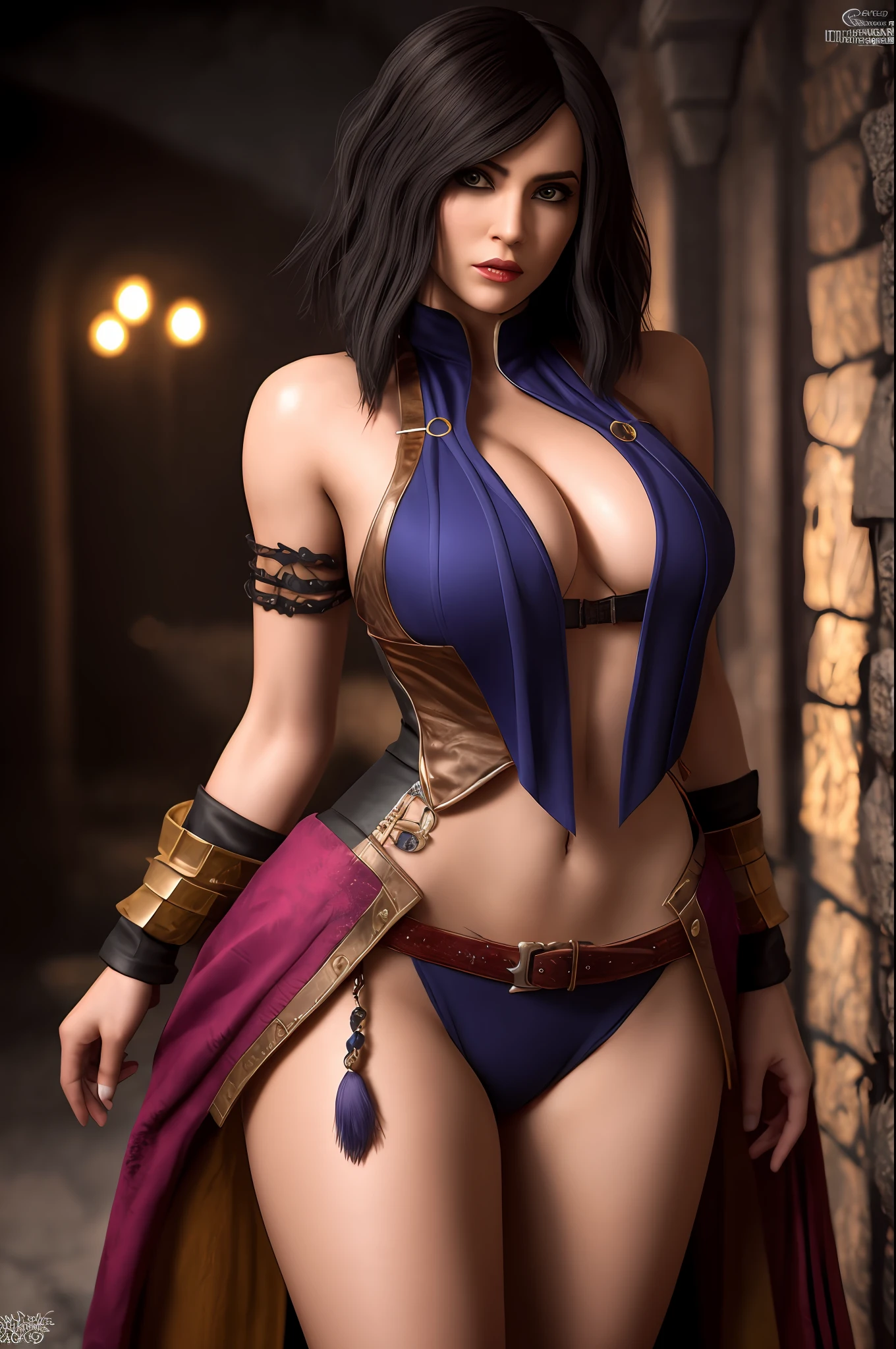 Morrigan from Dragon Age, y sorceress outfit, 8k, (insanely detailed:1.5), full body photograph, 20 megapixel, canon eos r3, detailed skin, fantasy world background