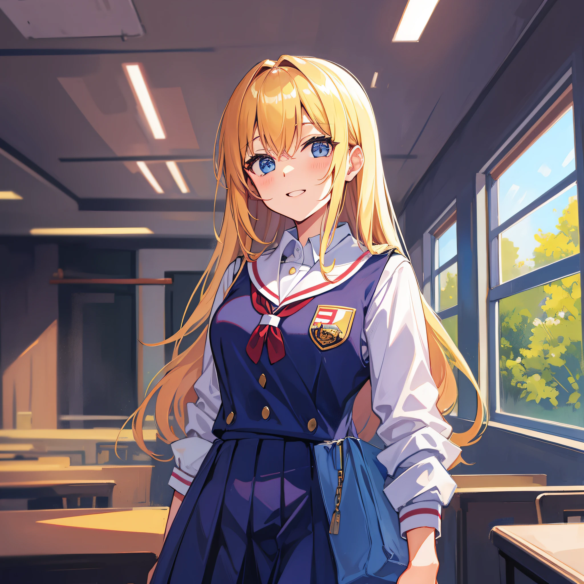 ph_eriri, sawamura spencer eriri, 1girl, blonde hair, blue eyes, school uniform, twintails, solo, fang, long hair, open mouth, hair ribbon, locker, anime coloring, parody, serafuku, blush, bangs, sweater vest, black ribbon, cloudy sky, sky, trees, (masterpiece:1.6, best quality), (finely detailed beautiful eyes: 1.2), 
, (masterpiece:1.6, best quality), (finely detailed beautiful eyes: 1.2),