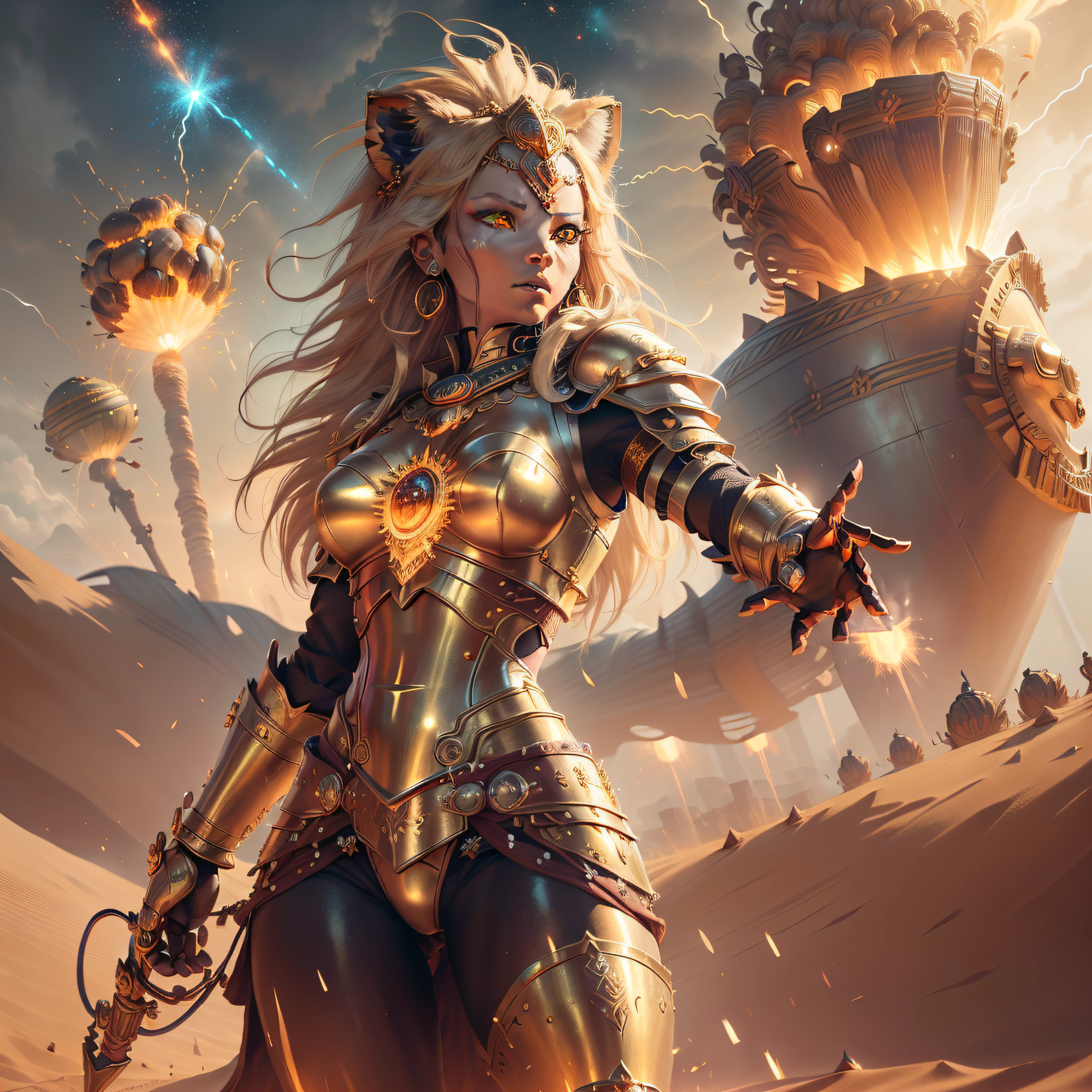 extremely detailed CG unity 8k wallpaper,masterpiece, best quality),(Sekhmet goddess, beautiful and powerful, confident, determined,(leather armor:1.2) with lion motifs, (golden eyes:1.3) surrounded by sandstorm/desert, (controlled explosion:1.2) in the background, dynamic pose, dramatic lighting, (embodiment of strength and war:1.2))