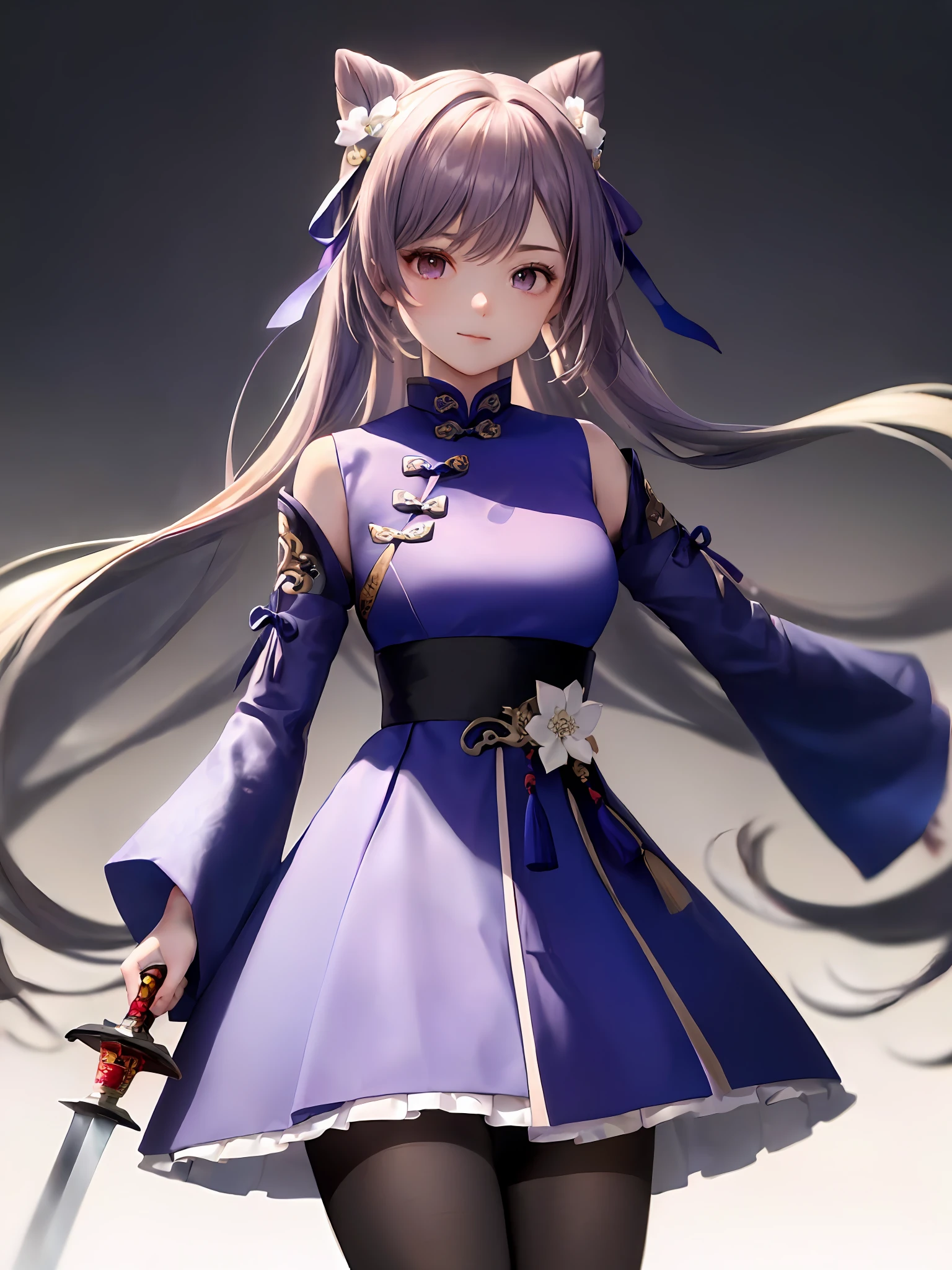 1girl huge large breasts, (Single person:1.2)，(巨作:1.2), (Best quality:1.2), break [Blue:peach red:0.5] Theme, (gradient backgrounds :1.1), Cowboy shot, Upper body body，Cinematic light，(Perfect hand 1.5)， Slender beautiful legs，Flat chest，Playful，(Background of ancient Chinese architecture:1.2)，long  sleeves，Purple eyes，black lence stockings，mitts，Take a sword。