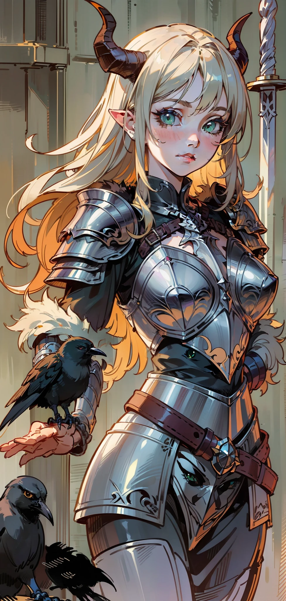 Best quality, masterpiece, ultra high res, (photorealistic:1.4), raw photo, 1girl, offshoulder, in the dark, deep shadow, low key, cold light, green eyes, ((horns)), very long hair, bangs, leather fantasy clothes, demon, big bust, cute face, full body, medieval , (((full body))), silver details, medieval clothes, detailed face, boots, (((magic sword))), shield, belt, bracelets, (((shoulder armor))), elegant, (((furr))), (((crow))), braided hair, silver ornaments, (((perfect face))), blonde hair, masterpiece, long legs