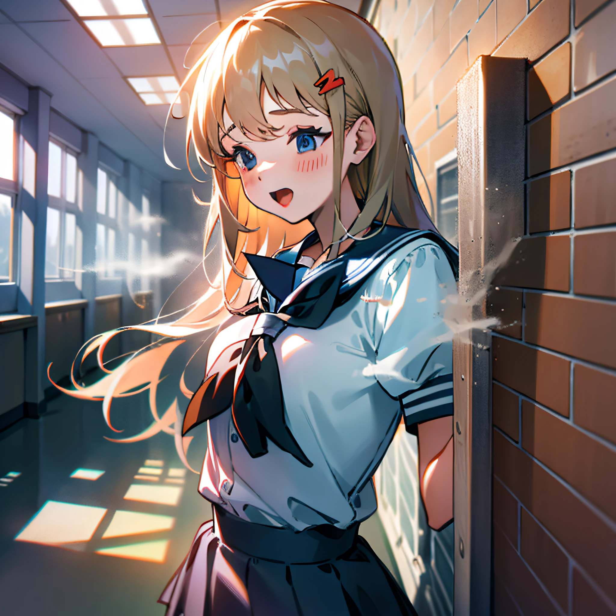 ph_eriri, sawamura spencer eriri, 1girl, blonde hair, blue eyes, school uniform, twintails, solo, fang, long hair, open mouth, hair ribbon, locker, anime coloring, parody, serafuku, blush, bangs, sweater vest, black ribbon, cloudy sky, sky, trees, (masterpiece:1.6, best quality), (finely detailed beautiful eyes: 1.2), 
, (masterpiece:1.6, best quality), (finely detailed beautiful eyes: 1.2),