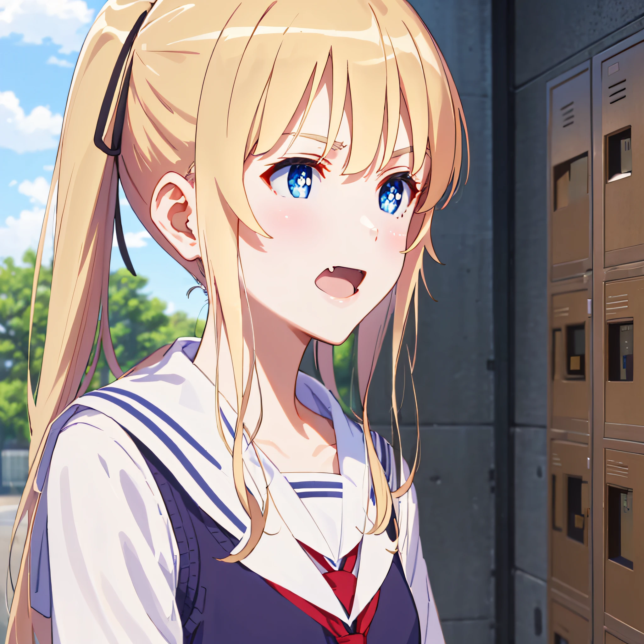 ph_eriri, sawamura spencer eriri, 1girl, blonde hair, blue eyes, school uniform, twintails, solo, fang, long hair, open mouth, hair ribbon, locker, anime coloring, parody, serafuku, blush, bangs, sweater vest, black ribbon, cloudy sky, sky, trees, (masterpiece:1.6, best quality), (finely detailed beautiful eyes: 1.2), 
, (masterpiece:1.6, best quality), (finely detailed beautiful eyes: 1.2),