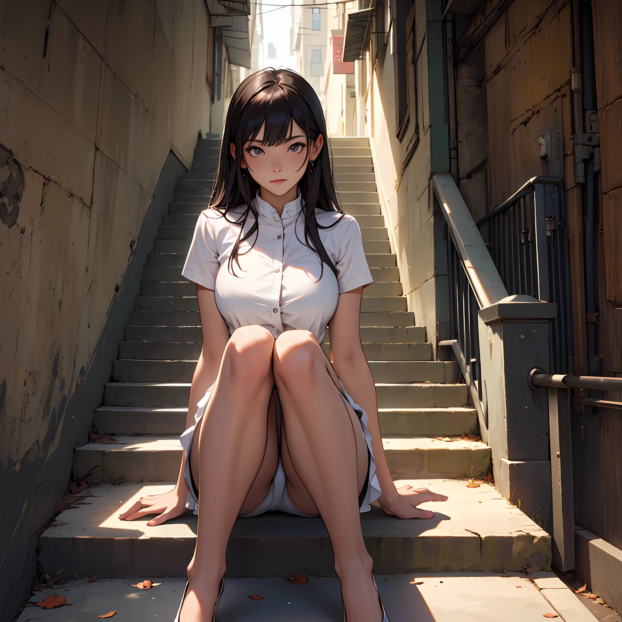 шедевр、Top image quality、1人の女性、Beautiful woman sitting on the stairs、legs slightly open、tetas grandes、Female proportions considered everywhere。