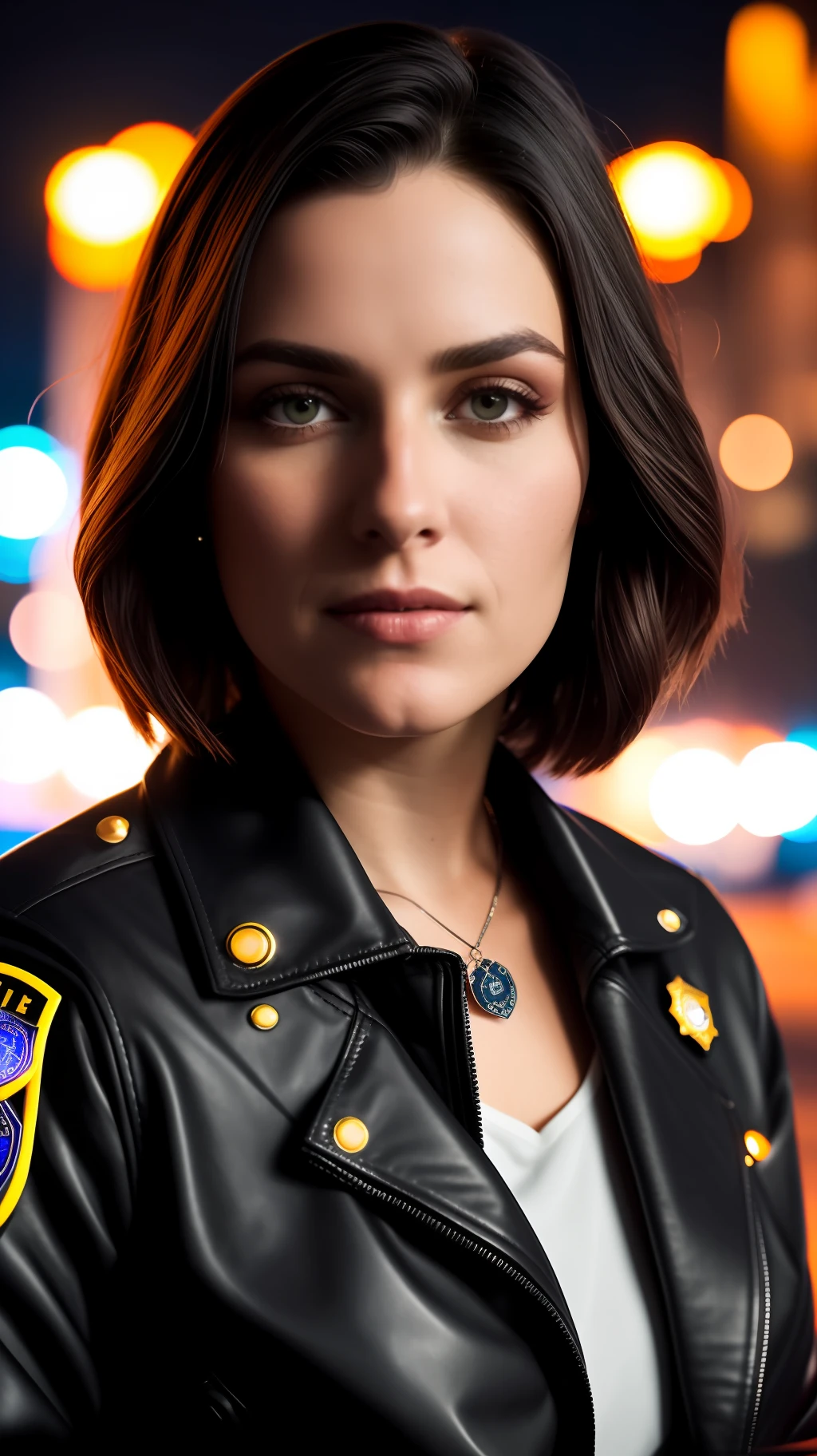 close up Portrait of MirKer as a beautiful female model, beatiful face, with short dark brown hair, in cyberpunk city at night. She is wearing a leather jacket, black jeans, dramatic  lighting, (police badge:1.2)