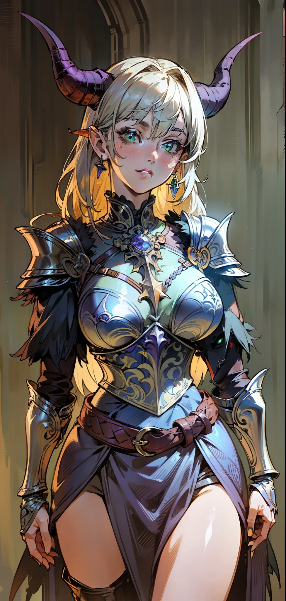 Best quality, masterpiece, ultra high res, (photorealistic:1.4), raw photo, 1girl, offshoulder, in the dark, deep shadow, low key, cold light, green eyes, ((horns)), very long hair, bangs, leather fantasy clothes, demon, big bust, cute face, full body, medieval , (((full body))), silver details, medieval clothes, detailed face, boots, (((magic sword))), shield, belt, bracelets, (((shoulder armor))), elegant, (((furr))), (((crow))), braided hair, silver ornaments, (((perfect face))), blonde hair, masterpiece, long legs