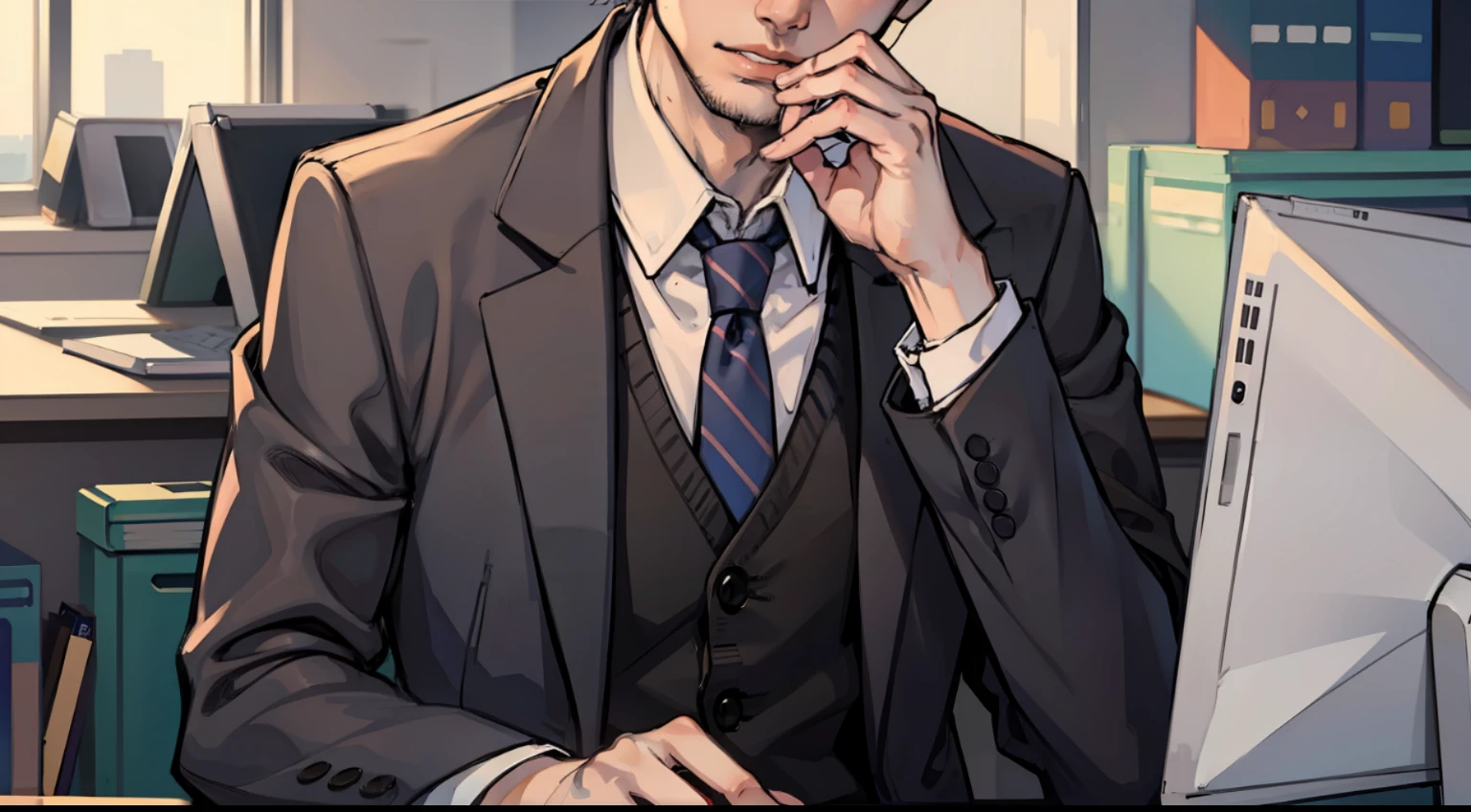 A man is in the office，Business suit，black har，