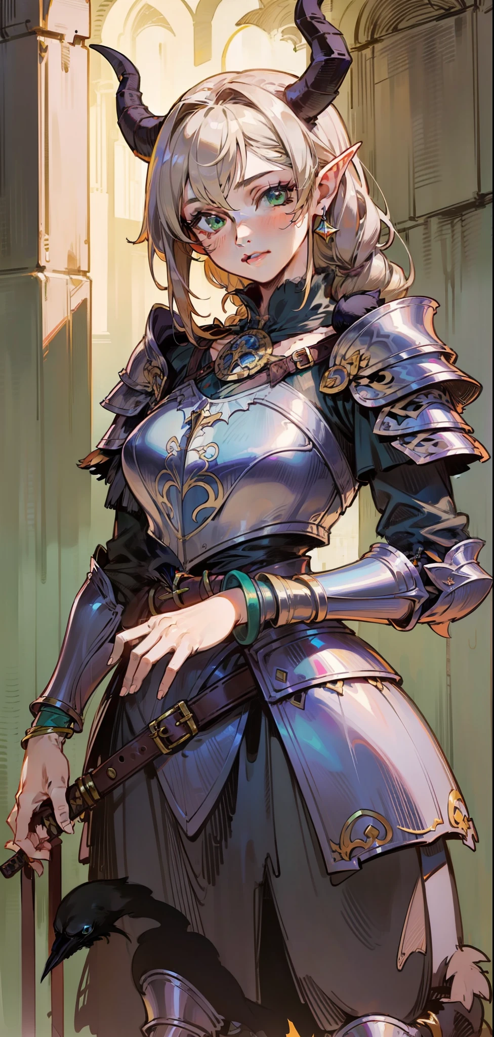 Best quality, masterpiece, ultra high res, (photorealistic:1.4), raw photo, 1girl, offshoulder, in the dark, deep shadow, low key, cold light, green eyes, ((horns)), very long hair, bangs, leather fantasy clothes, demon, big bust, cute face, full body, medieval , (((full body))), silver details, medieval clothes, detailed face, boots, (((magic sword))), shield, belt, bracelets, (((shoulder armor))), elegant, (((furr))), (((crow))), braided hair, silver ornaments, (((perfect face))), blonde hair, masterpiece, long legs
