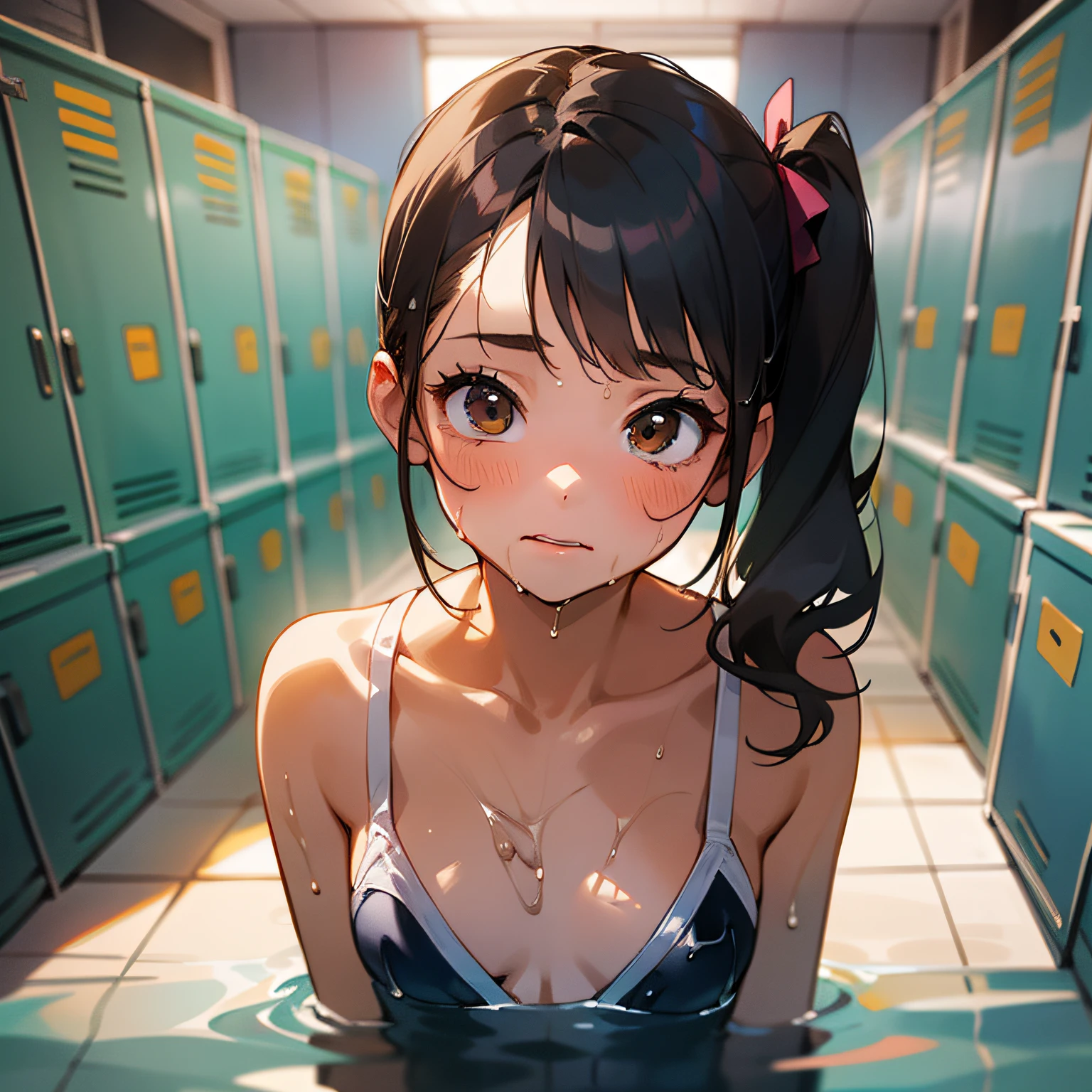 best quality,ultra detailed,
6+girl,(multiple girls:1.4),
(girl ,, loli, child,l_breasts),baby face,
black hair,side ponytail,brown eyes, (blue school_swimsuit:1.2),(bare breasts:1.4),(wet body:1.2),throuth),
break,
(front view:1.3),(from_below1.3),(looking away:1.4),
(Far angle),dress room,locker,