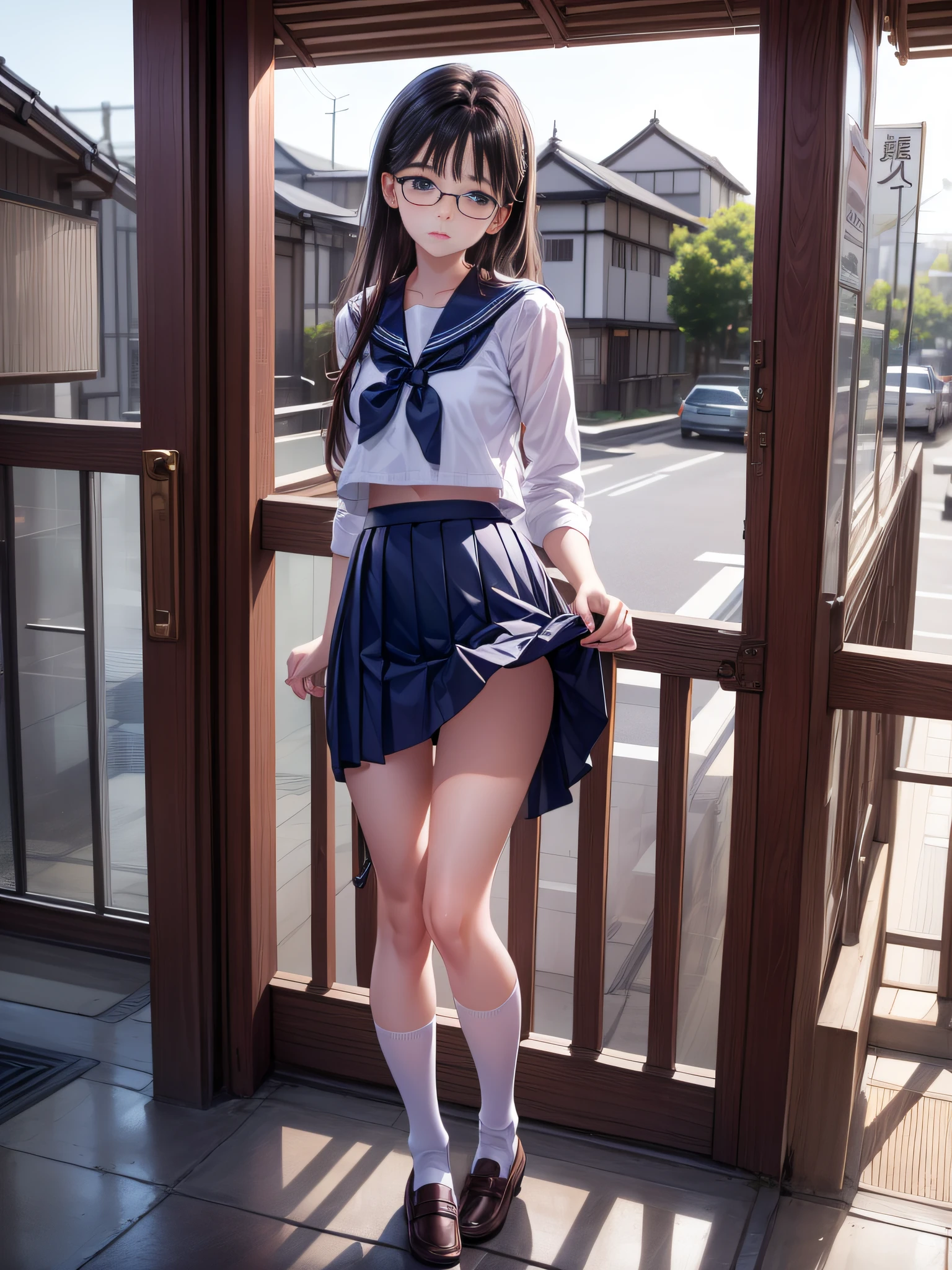 (Skirt Lift by Yourself: 1.5)), (Long Skirt: 1.5),Mature Face, Small Head, Japan School Uniform, Japan School Uniform, 80s Japan Pictures, Japan Girl Uniform, Sailor Suit,Black Sailor Suit,Pleated Skirt,Glasses,1 Girl, Small, Thin Legs, Woman 1 Person, 24 Years Old Girl,Solo, Feeling Face, Nasty Expression, White Skin, Soft Lips, Full body portrait, slim figure, delicate face, cute face, beautiful detailed girl, very detailed eyes and face, beautiful detailed eyes, old school building, raw photo, light makeup, thin eyebrows, long hair,