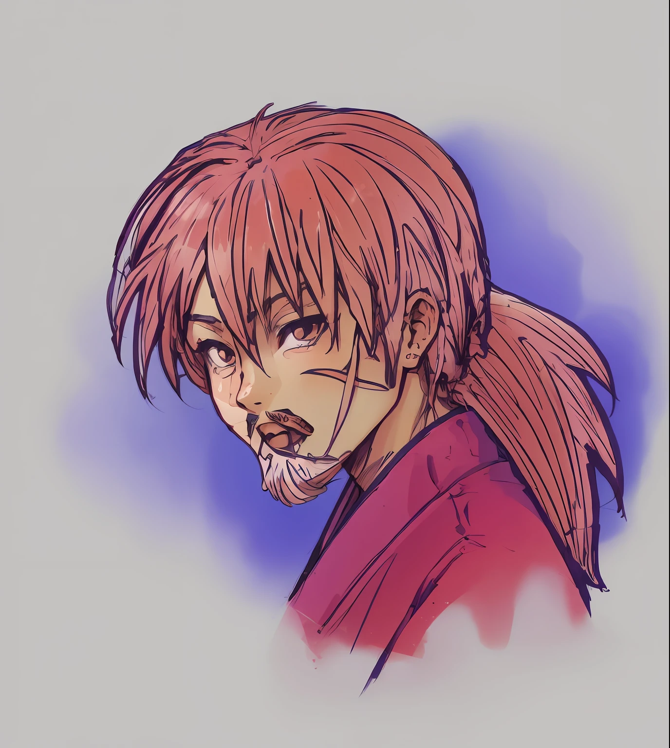 Kenshin mais velho, com barba branca e cabelos grisalhos, desenho anime de um homem com barba e camisa vermelha, inspired by Taiyō Matsumoto, Inspired by Ryūkōsai Jokei, de kenshin, inspired by Kanō Sanraku, inspired by Kawanabe Kyōsai, seinen manga portrait, inspired by Itō Ogura Yonesuke, personagem estilo anime realista, com estilo mais realista japones