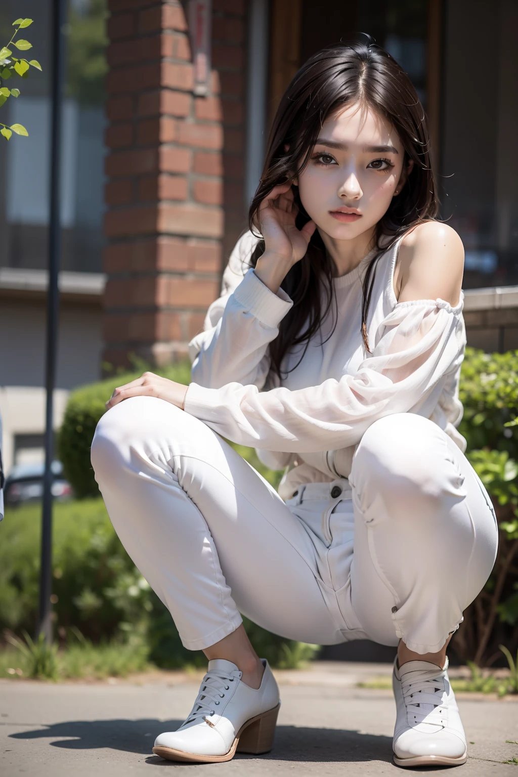 （（Squatting））、Inter-strands、Skinny Jeans、（（Open legs））、Crouching、a beautiful detailed girl、bending her knees、шедевр、beste-Qualit、Extremely detailled、White jeans、hotpants、pant suit、charming poses