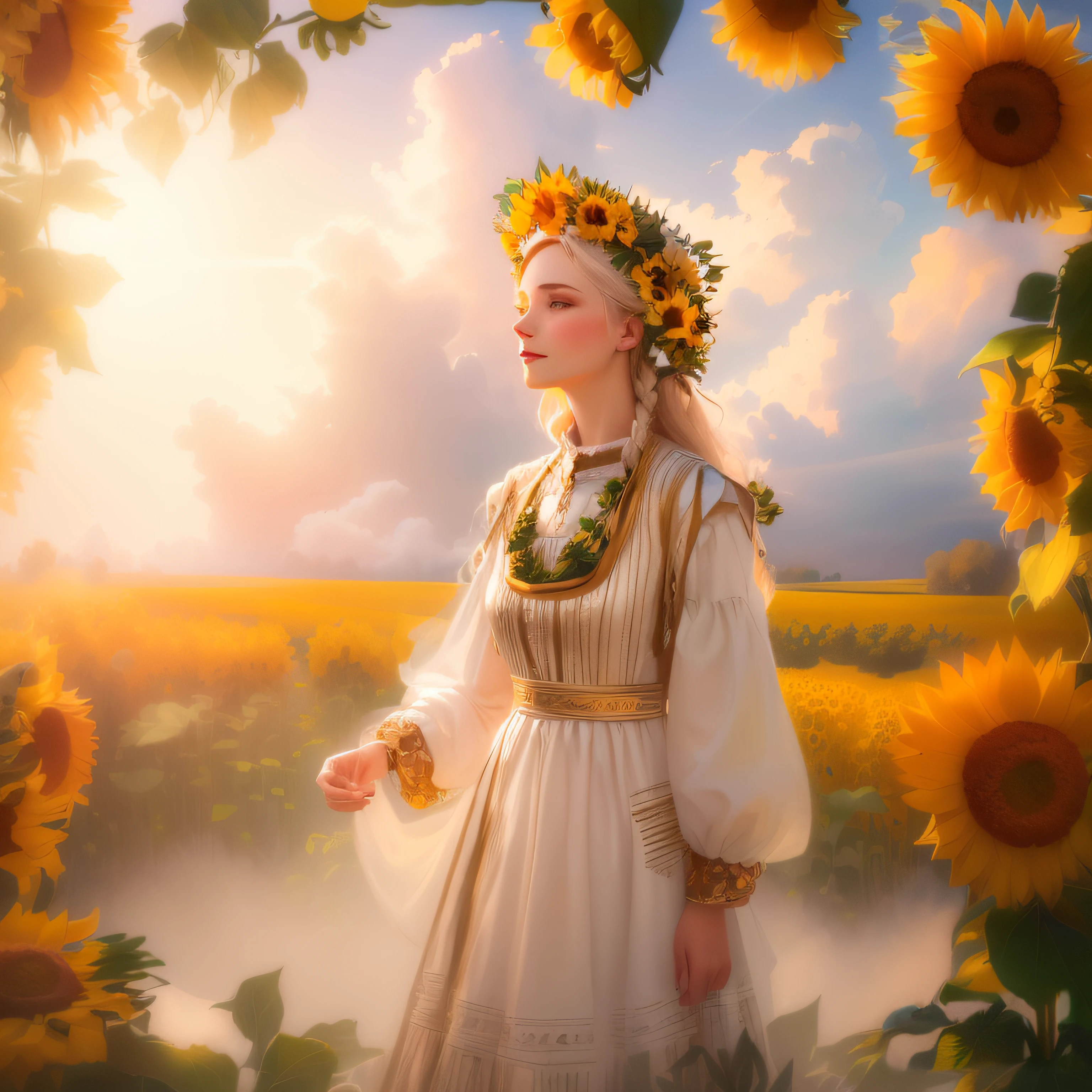 arafed woman in a dress and sunflowers in a field, Ukrainian national costume, ukrainian national clothes, slavic folk fairytale, ukrainian girl, slavic style, inspired by Viktor Vasnetsov, traditional russia, the goddess of autumn harvest, Beautiful maiden, Ukraine. Photography, Anna Nikonova, goddess of summer, Ukraine. professional photograpy