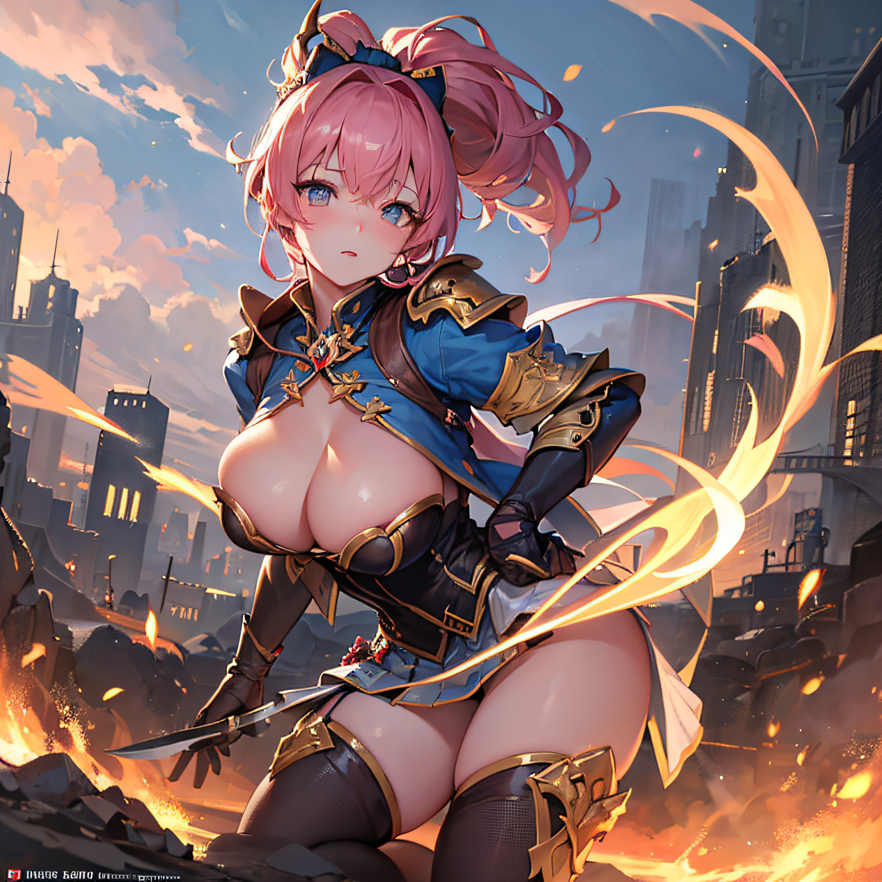 Peerless beauty,Perfect slim body,Mature royal sister face,Double ponytail curls,Knight armor,Sensual and alluring,Nice face,Full body like,4K quality,Feminine expression,Blush shyness,Star-like deep eyes,Huge breasts,A short skirt,Knife pulling posture。Overflowing bust,Fight Warcraft,speed-line,the best quality,a masterpiece of,Magnificent background,On the battlefield,Clothes burst