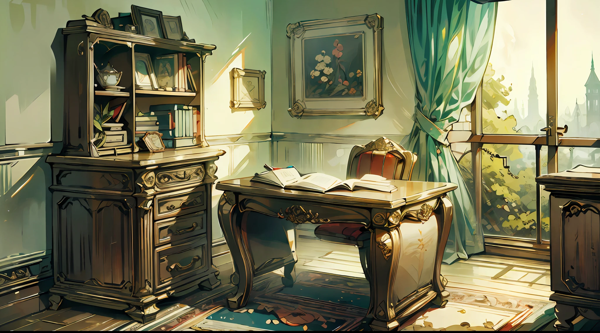 A high resolution,study room,Pay attention to detail,British style,Retro。