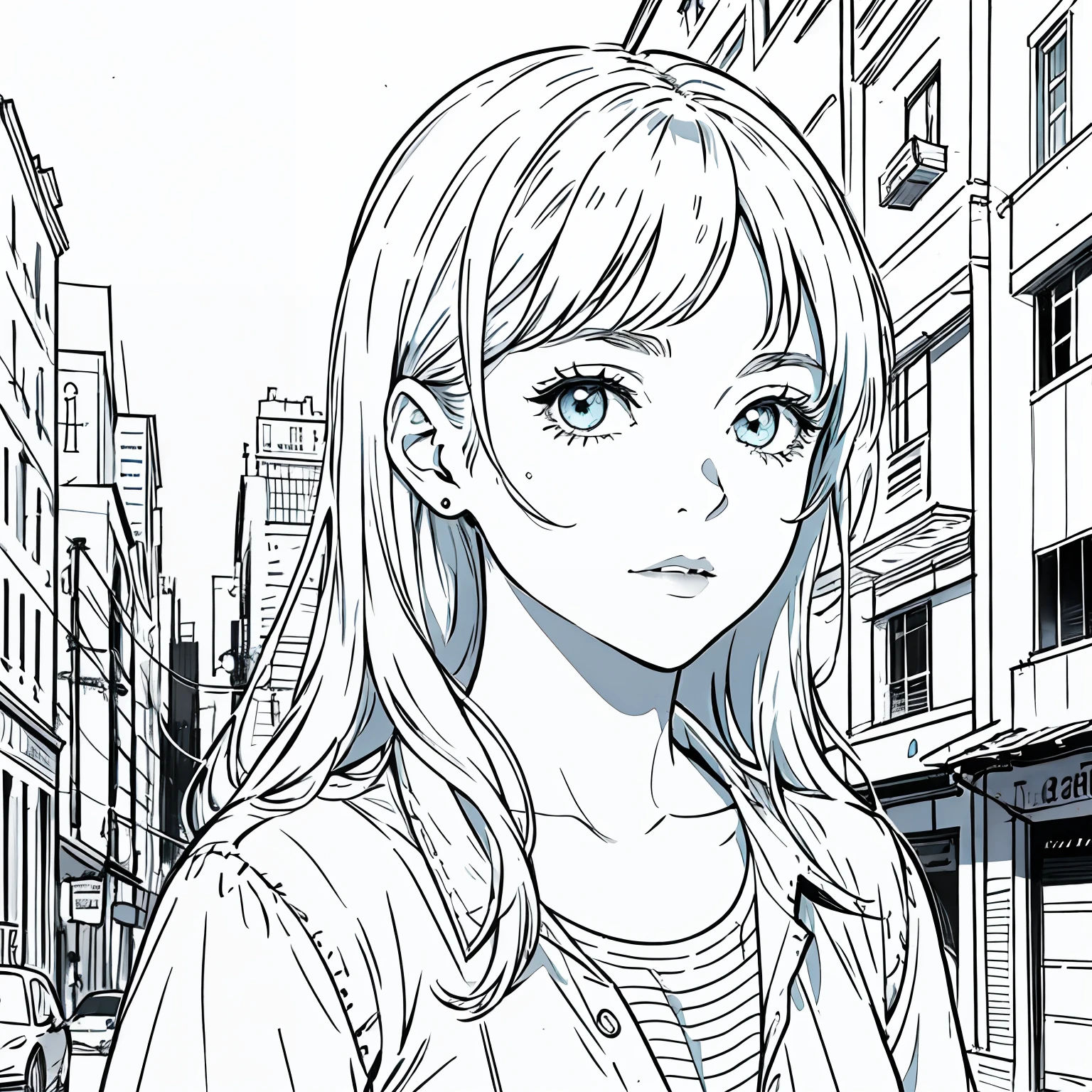obra maestra, mejor calidad, A girl in a city, primer plano Arte lineal, Monocromo