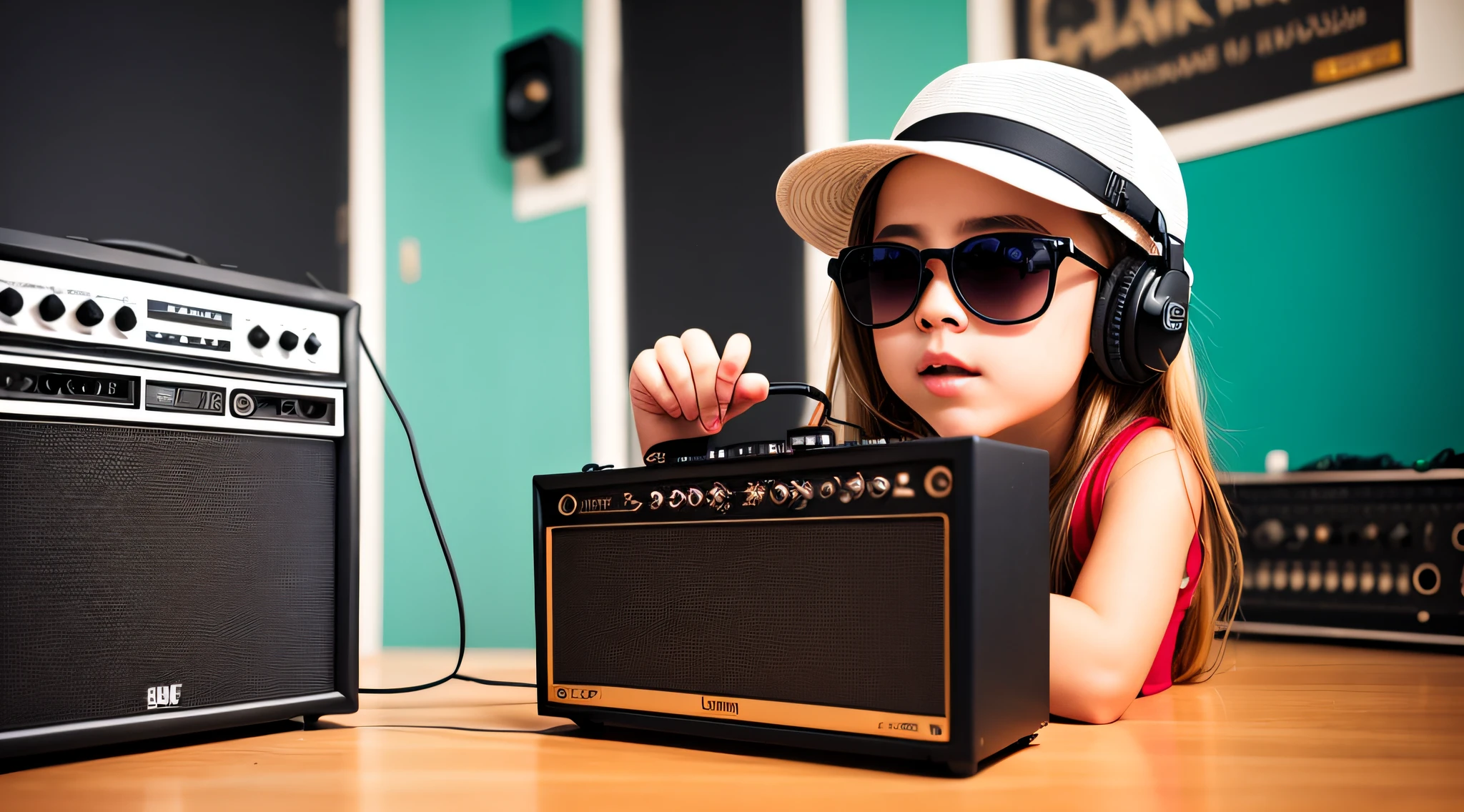  BLONDE CHILD LONG HAIR WEARING A HAT , Holding a boombox and pointing with your hand, Boombox, The Music Guy, blaster do gueto, em um fundo VERDE, playing for music, em fundo VERDE, DJ, imagem de muito baixa qualidade, red sunglasses and a guitar, Grande Gueto Blaster, com fones de ouvido, music is life, new music, vibrating with the music