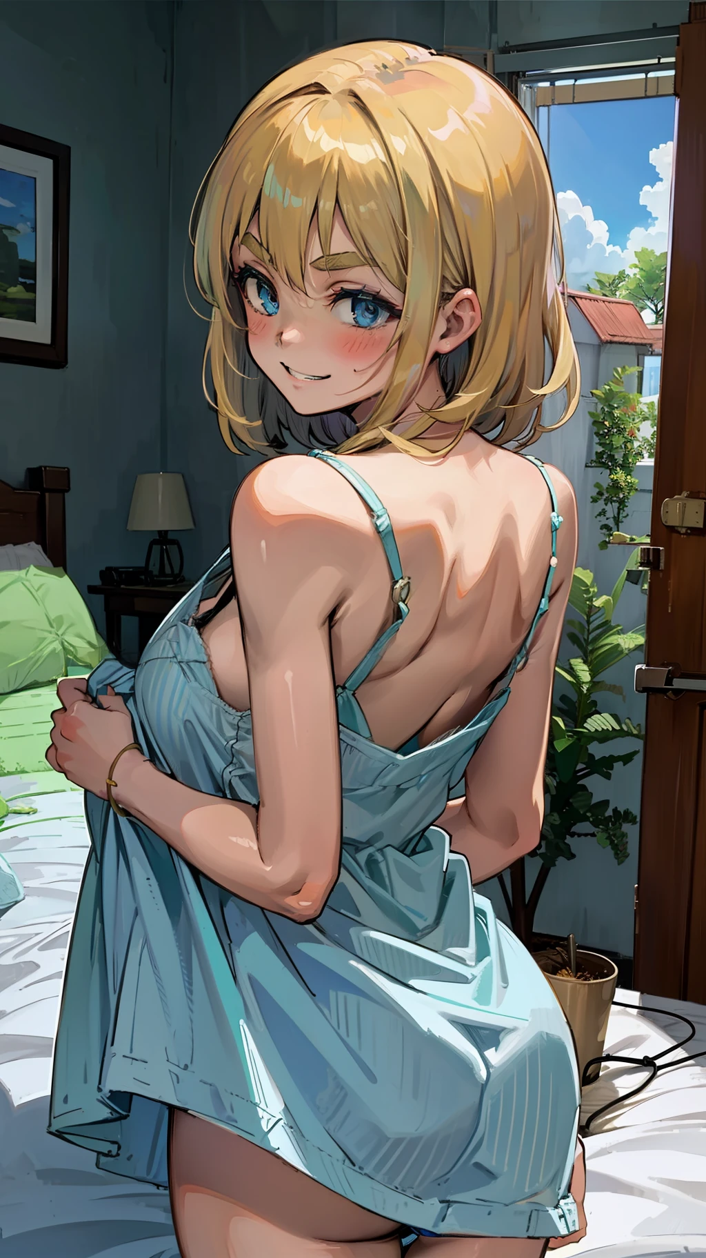 aqua camisole,aqua striped panties,boobs,butt,tall of a person,thin,beautiful face,thick eyebrows,smiling,embarrassed,flushed cheeks,medium hair,wave hair,gold hair,blue eyes,indoor,on the bed,anime style,masterpiece, extremely fine and beautiful,illustration
