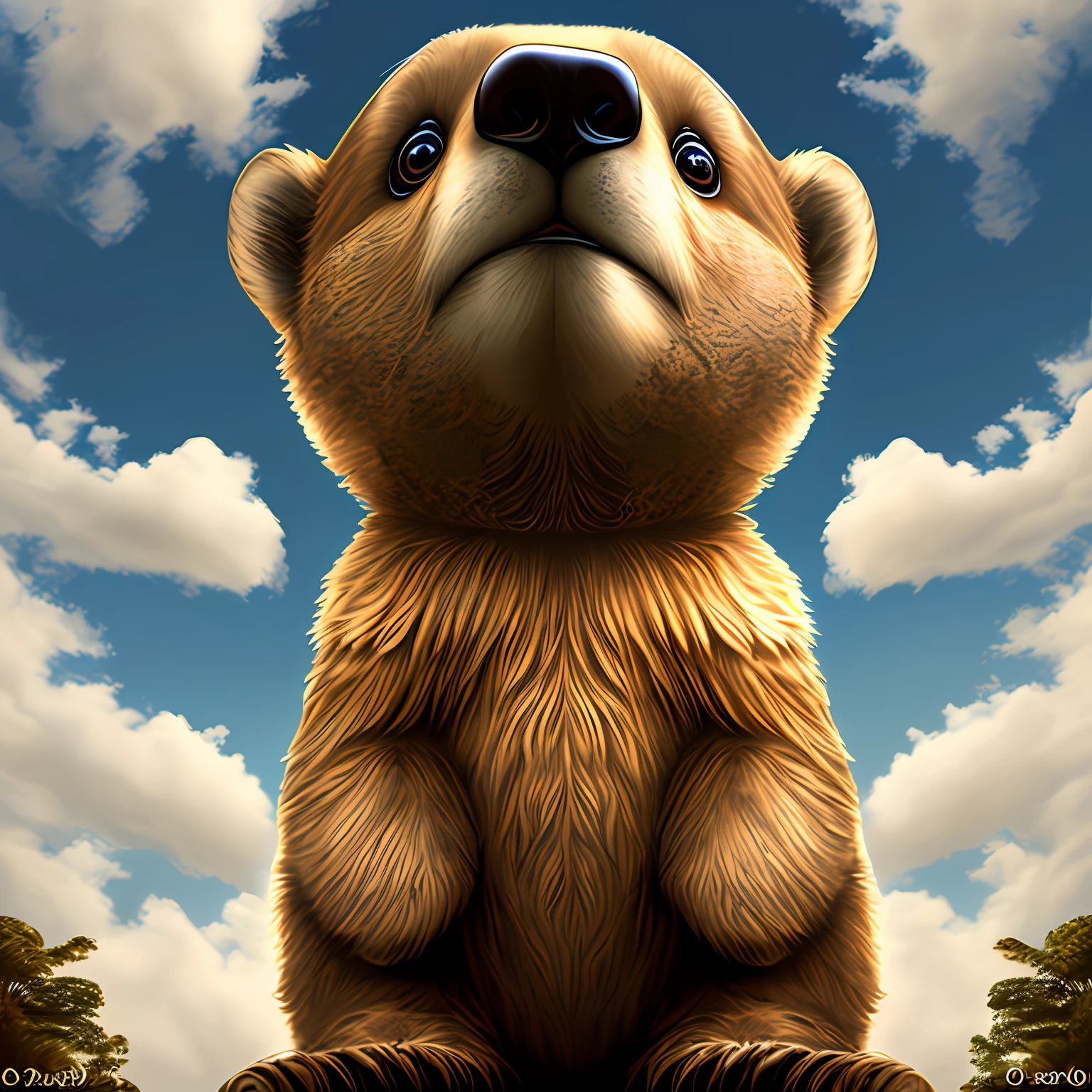 o pequeno urso "perto do seu lar" looking up to the sky