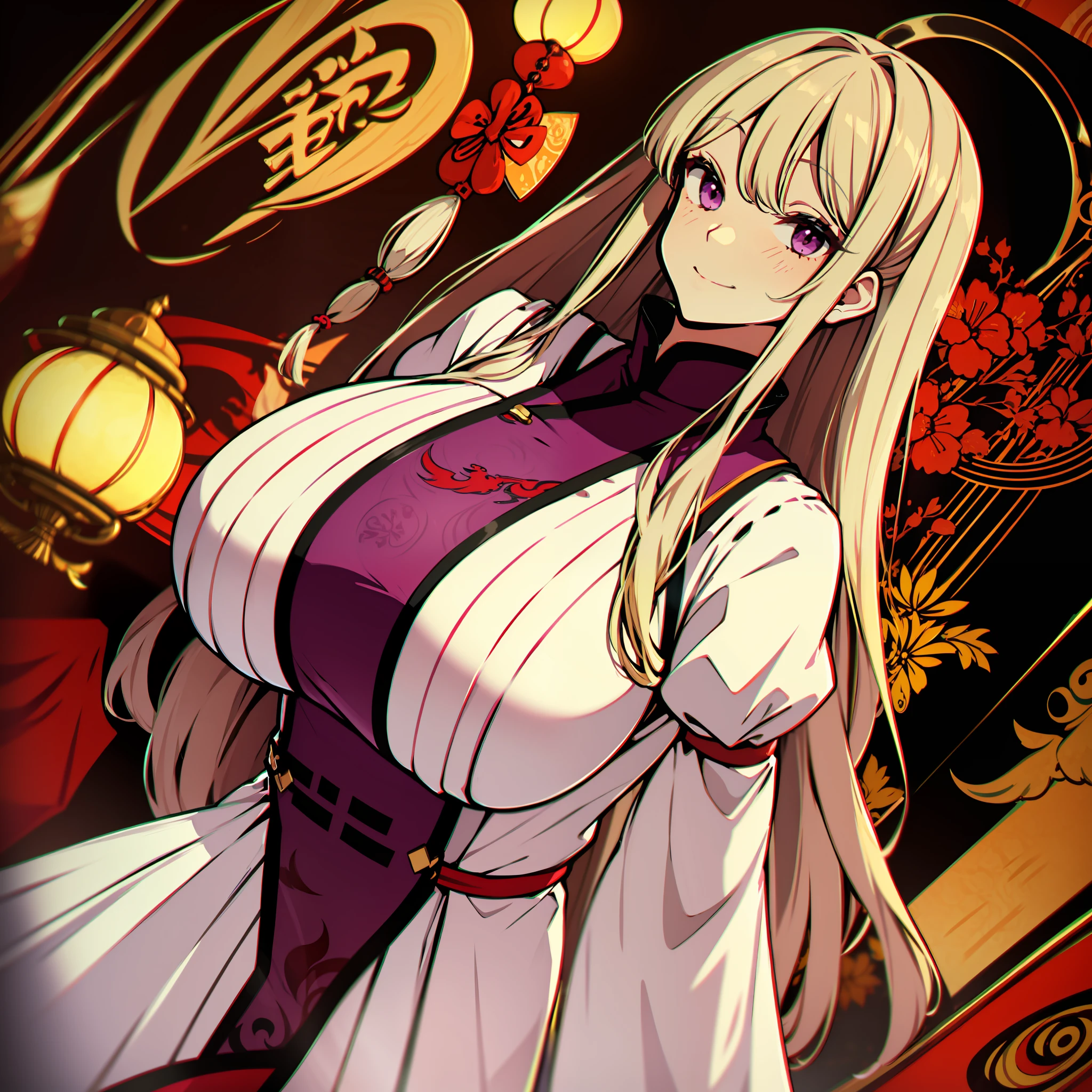 masute piece, Fine detail, 4K, 8K, 12K, Solo, One person, Beautiful Girl, caucasian female, Yukari Yakumo of the Touhou Project、Gigantic chest、(length hair)、chinese clothes, Chinese dress, Chinatown