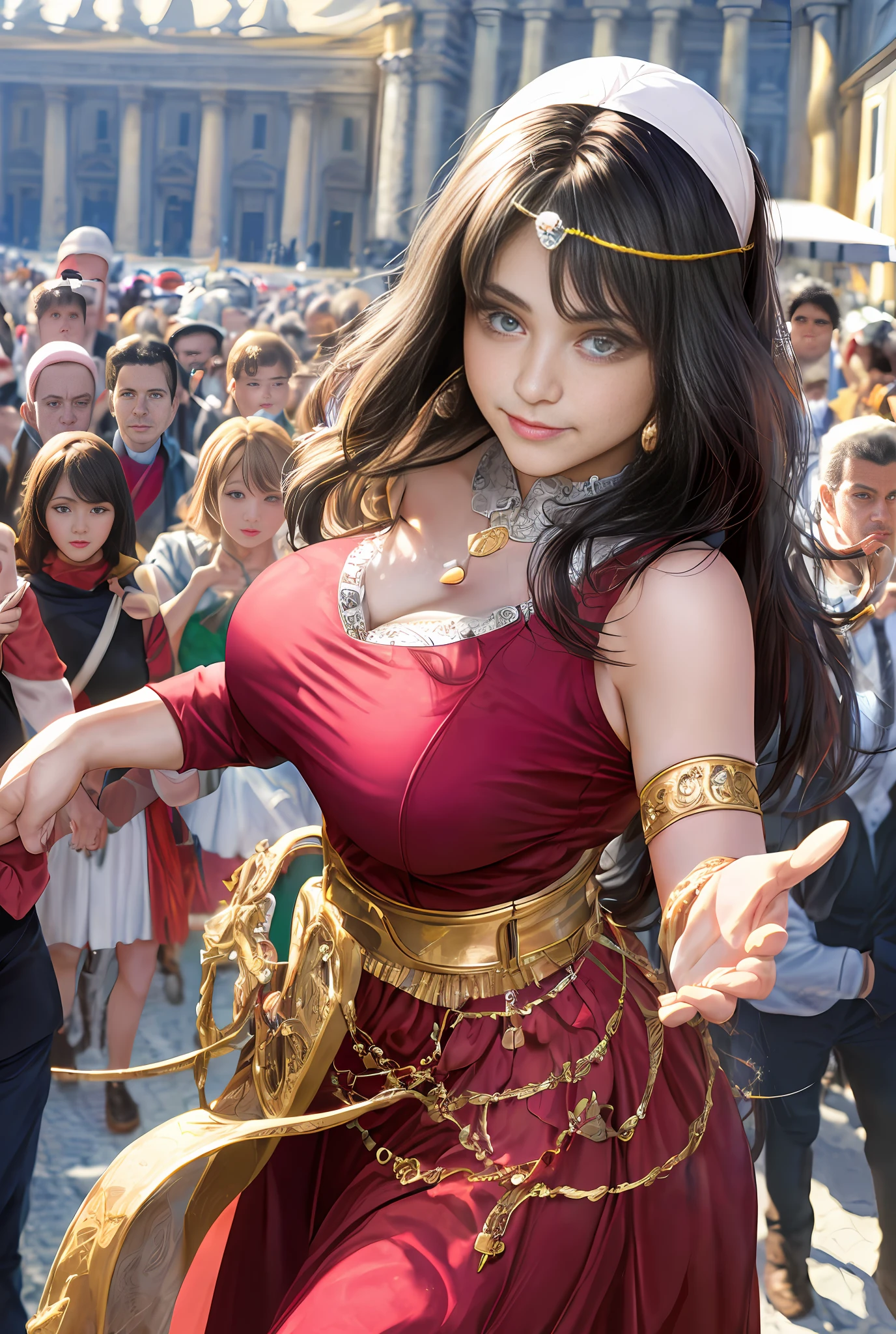 (巨作, Best quality, Realistic),
1girl huge large breasts,(on the St. Peter's Square of Vatican,crowd),St. Peter's Square background,gypsy dress,(Princess Eyes,shiny pupils),Dancing,Gold, banquet, crowd of, picking up skirt,Pale skin,
[Slight smile],