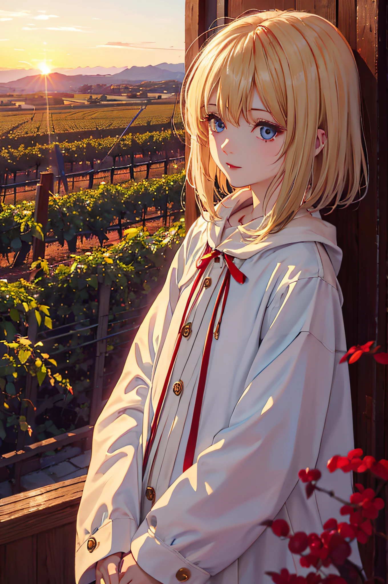 шедевр、Best Quality、Sunset、Golden light、Vineyards、Burgundy、Blonde blue-eyed girl、short-hair、White goth loli