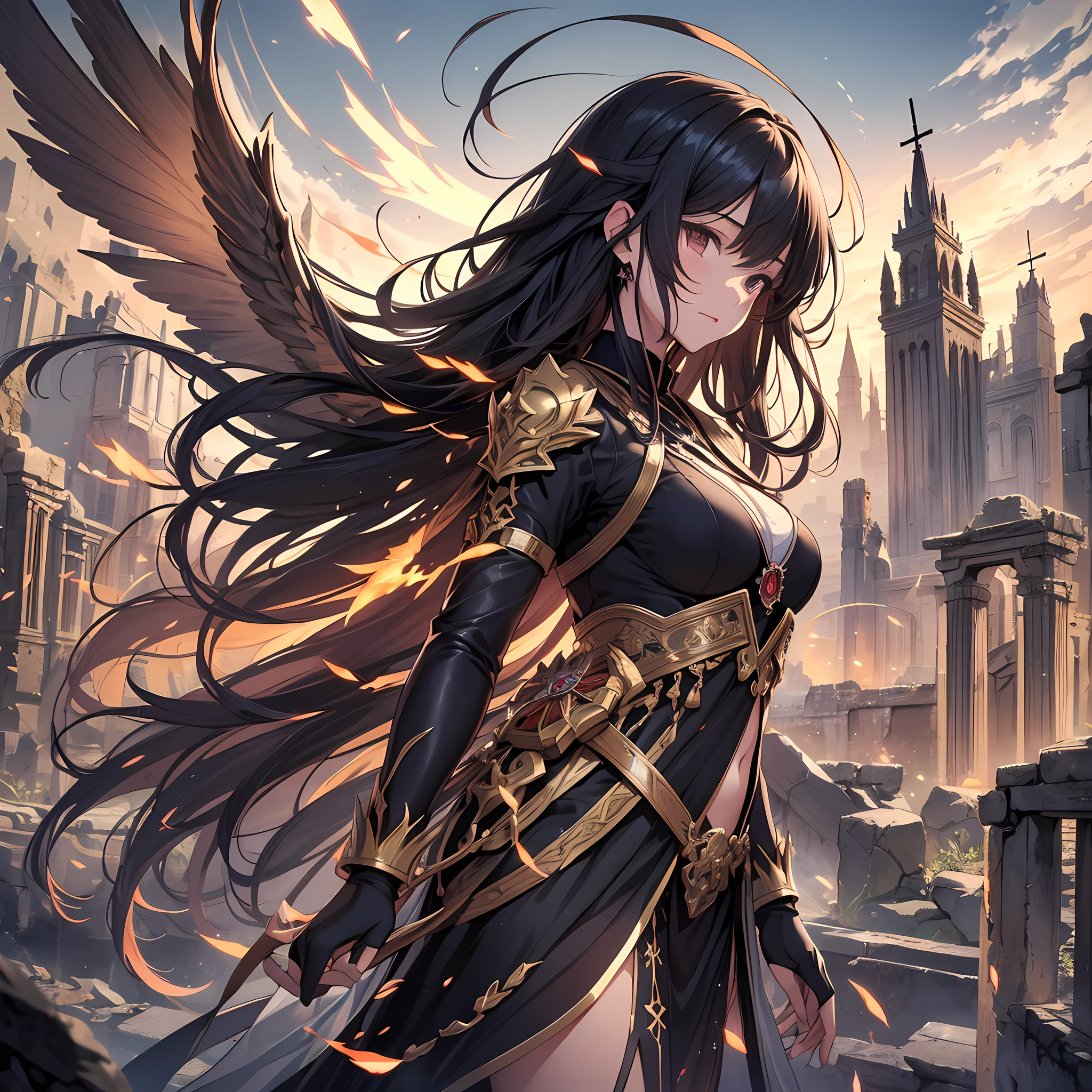 (masute piece,A high resolution,precise drawing,high-detailed rendering), profile, a very cute japanese girl with zodiac armer,black Long hair,wings of light,(Sacred Effects:1.5),flat chest, skinny,use magic at ancient ruins、in fighting