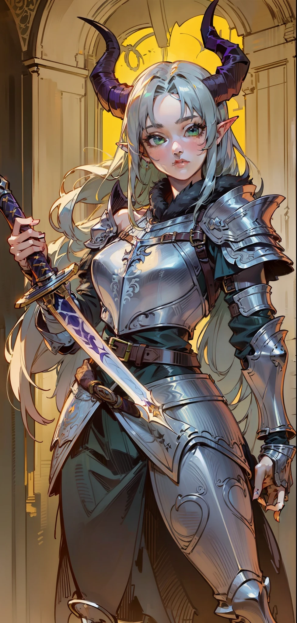 Best quality, masterpiece, ultra high res, (photorealistic:1.4), raw photo, 1girl, offshoulder, in the dark, deep shadow, low key, cold light, green eyes, ((horns)), very long hair, bangs, leather fantasy clothes, demon, big bust, cute face, full body, medieval , (((full body))), silver details, medieval clothes, detailed face, boots, (((magic sword))), shield, belt, bracelets, (((shoulder armor))), elegant, (((furr))), (((crow))), braided hair, silver ornaments, (((perfect face))), blonde hair, masterpiece, long legs