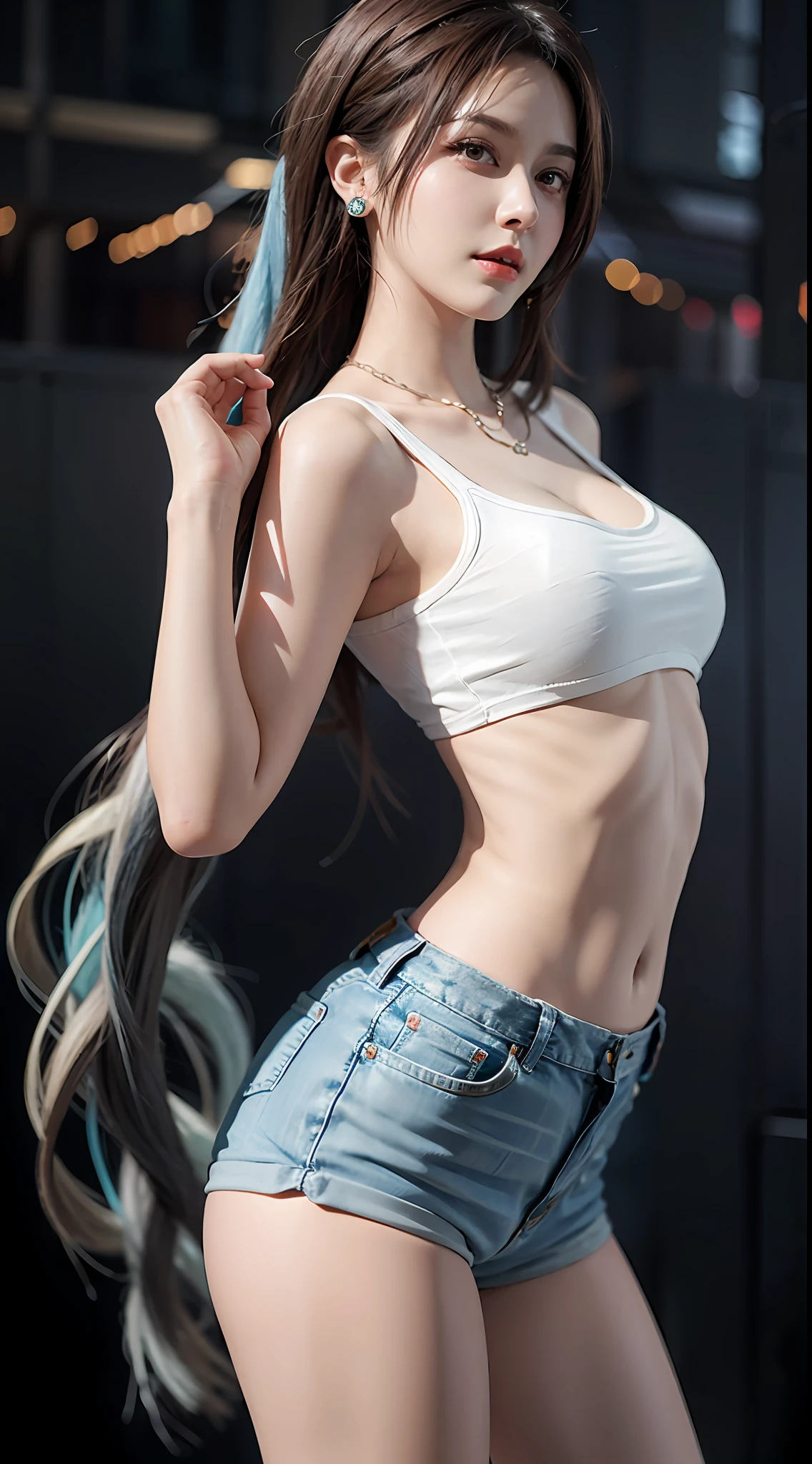 Urban beautiful girl college student, masterpiece, light makeup, red lips, silver hair, messy long hair, street background, beautiful, elegant. Ultra-fine details, master works, real texture, cinematic lighting realism, perfect work, 8k, HD, exquisite facial features, white tight open-cut top, transparent white tight shorts, slim figure, bright big eyes, smooth skin, earrings, necklace, tattoos