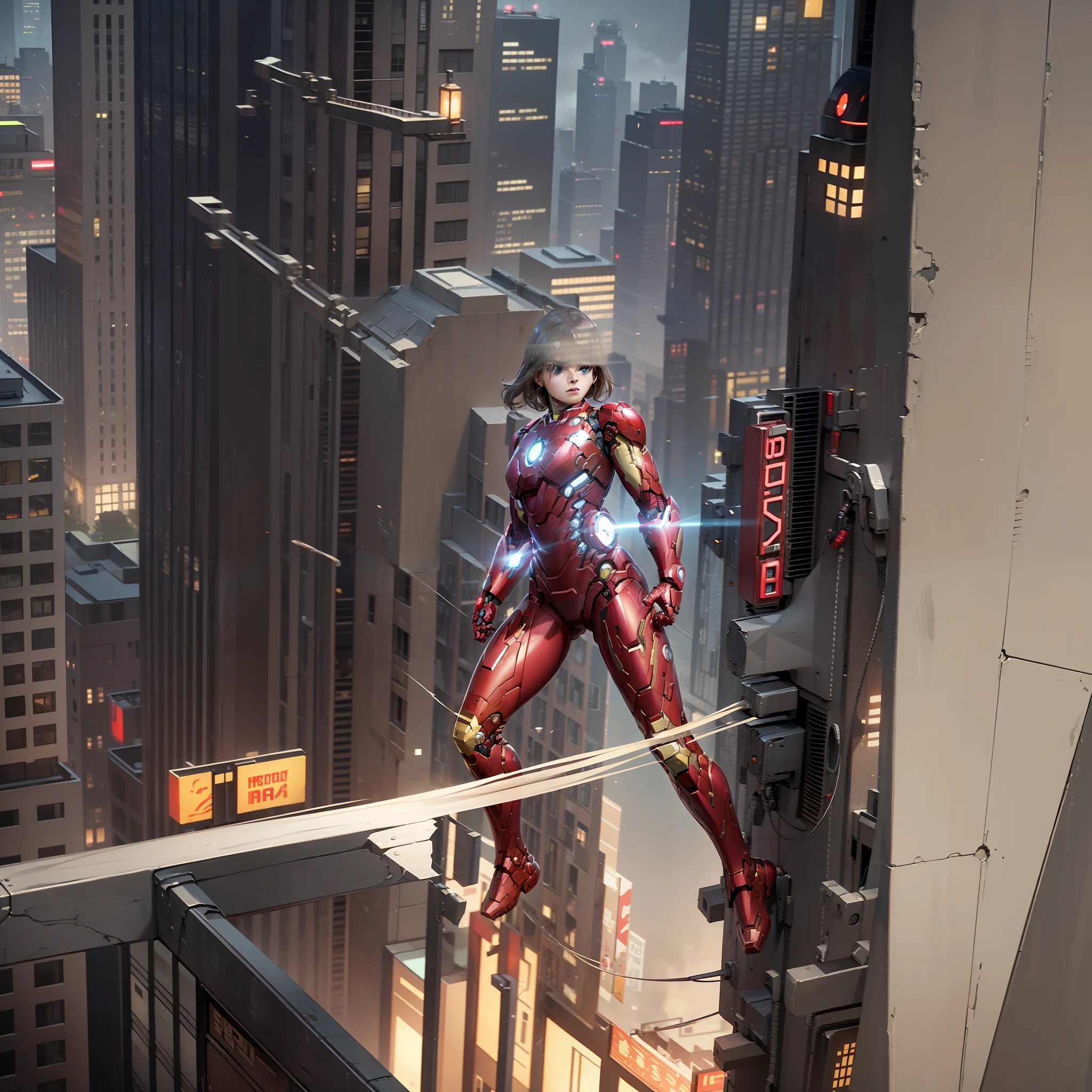 araffed woman in a suit of iron man standing in front of a building, iron man, like ironman, cyberpunk iron man, ironman, hq 4k wallpaper, emma watson as iron man, cinematic body shot, cinematic full body shot, hero pose colorful city lighting, marvel style, covered in full metal armor, hq 4k phone wallpaper