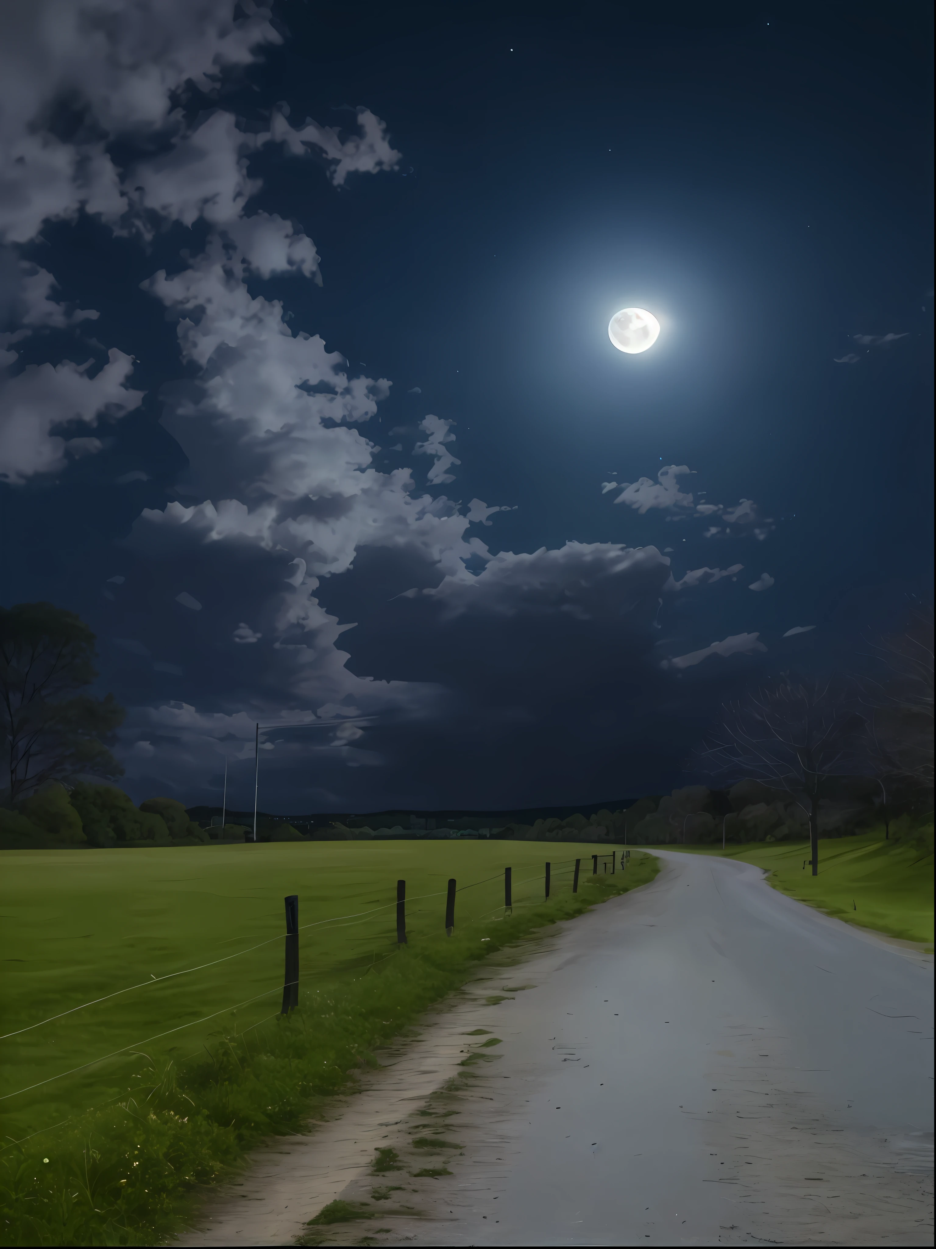 arafed view of a road leading to a grassy field with a full moon, beautiful moonlight night, moonlight night, beautiful moon light, scenic view at night, night time moonlight, moon landscape, at night with full moon, the glow of the moonlight, moonlit night dreamy atmosphere, Moonlit Night, street moon landscape, nighttime nature landscape, walking towards the full moon