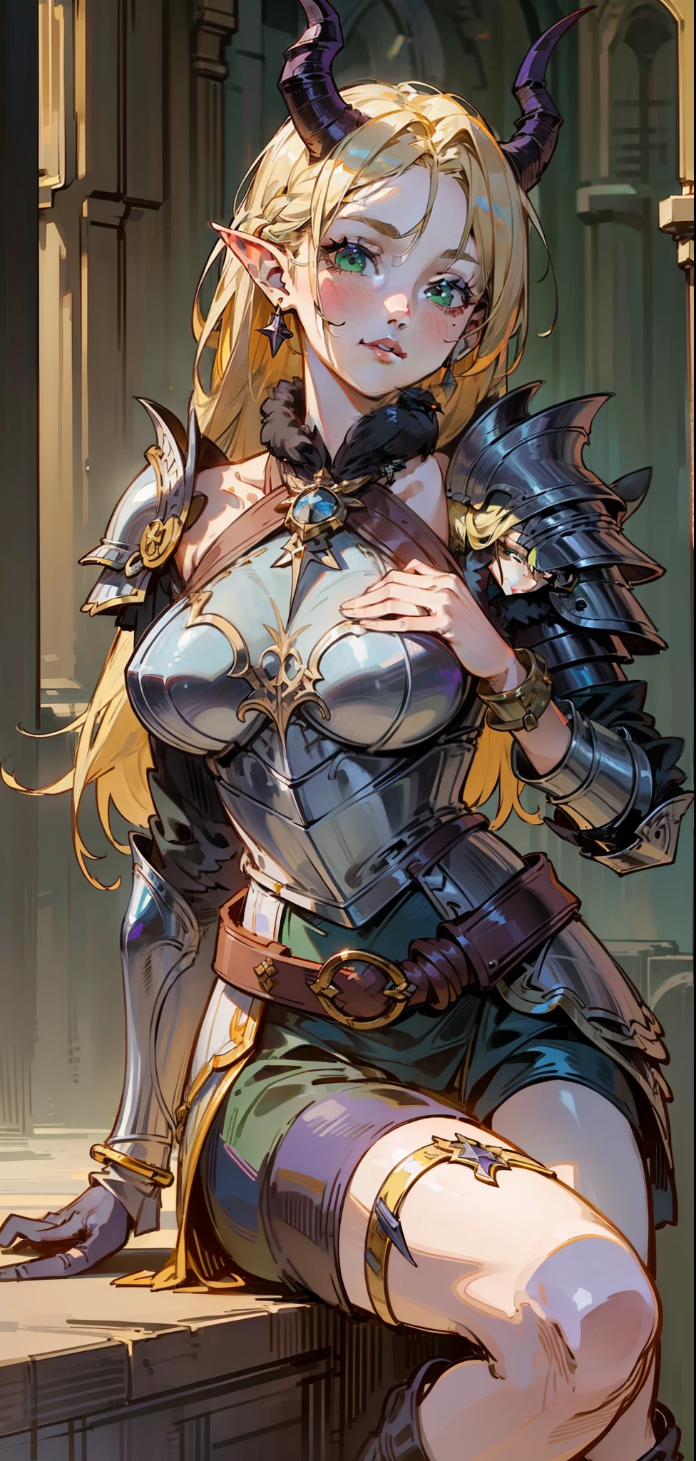Best quality, masterpiece, ultra high res, (photorealistic:1.4), raw photo, 1girl, offshoulder, in the dark, deep shadow, low key, cold light, green eyes, ((horns)), very long hair, bangs, leather fantasy clothes, demon, big bust, cute face, full body, medieval , (((full body))), silver details, medieval clothes, detailed face, boots, (((magic sword))), shield, belt, bracelets, (((shoulder armor))), elegant, (((furr))), (((crow))), braided hair, silver ornaments, (((perfect face))), blonde hair, masterpiece, long legs