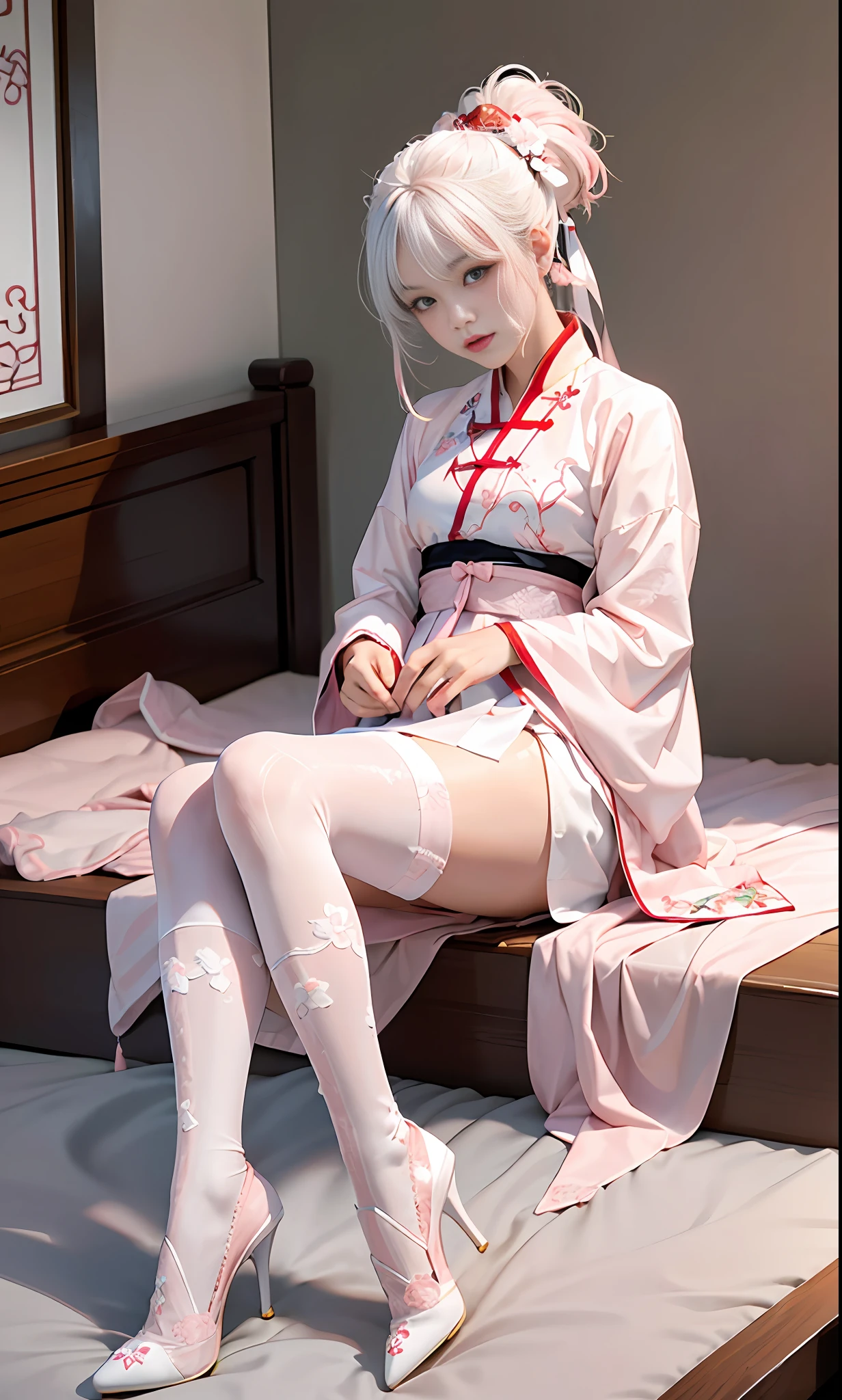 Chinese style, white hair, Chinese clothing, Tang style Hanfu, Hanfu, ((((pink and white skirt)), embroidery, over-the-knee socks, high heels, interior, bed