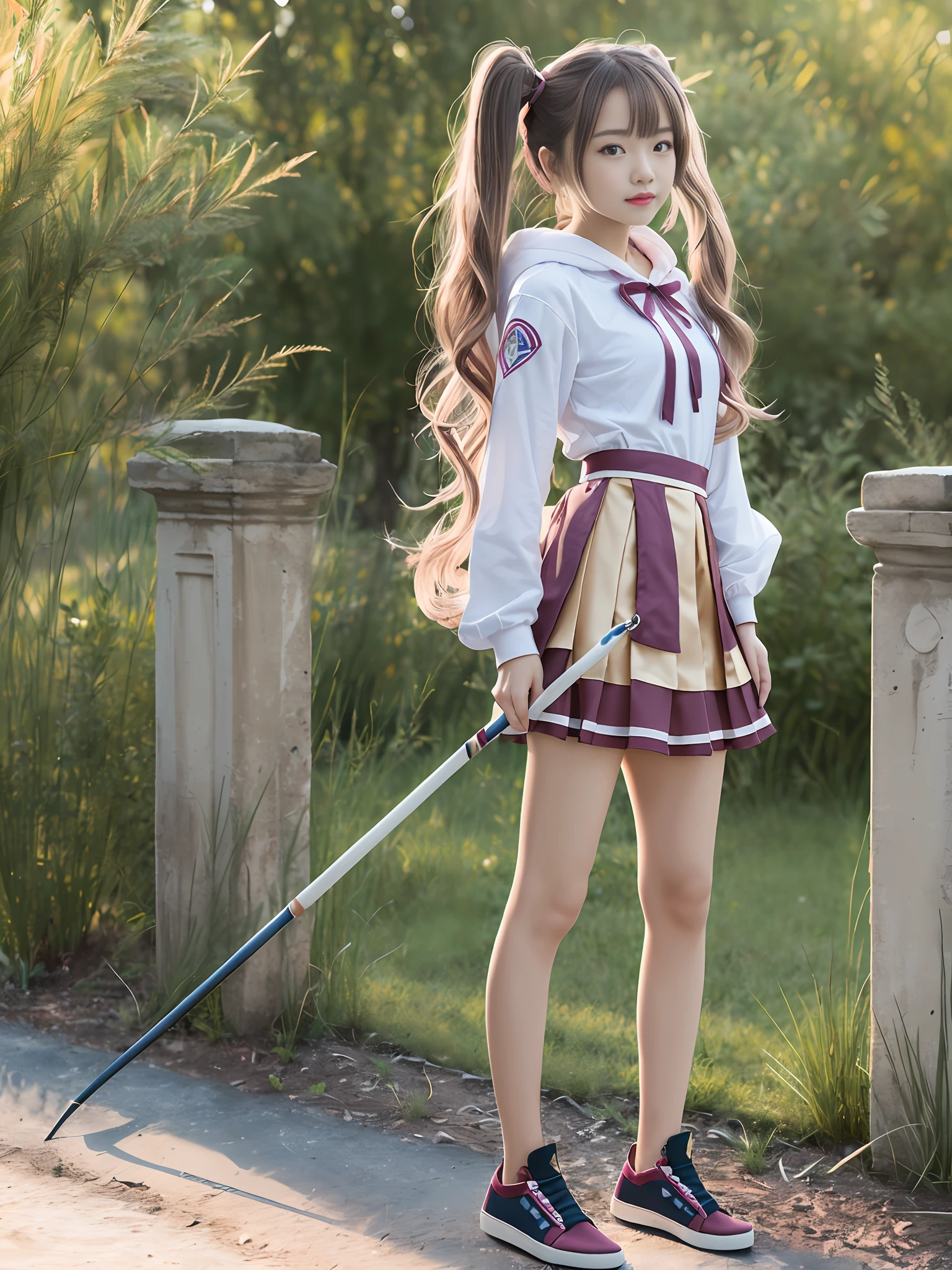 шедевр、最好质量、Official art、very detailed CG Unity 8K wallpapers、Extremely detailled、1girl in、Whole human body、lawn、Hoodie、独奏、(Little、holding a long spear with both hands、feet shoulder-width apart、You need to stand facing outwards about 30 degrees、Shorter、Whole human body、front facing、shoes、is standing、twintails、Vermilion hair、Very young、Unripe:1.2)、lovly、cute-cute、cute-cute、Charming、lovly、seethru school uniform、a skirt、Brown-eyed、length hair、Floating hair、smalll breasts、blush on、hair adornments、、naturallight、Back lighting、Facial light、looking at the viewers、