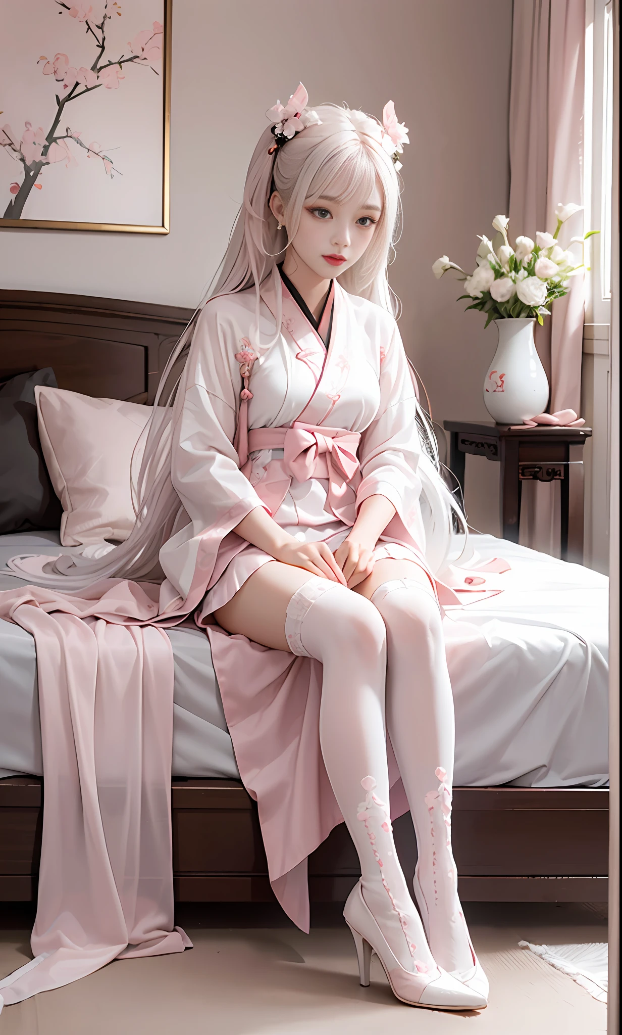 Chinese style, white hair, Chinese clothing, Tang style Hanfu, Hanfu, ((((pink and white skirt)), embroidery, over-the-knee socks, high heels, interior, bed