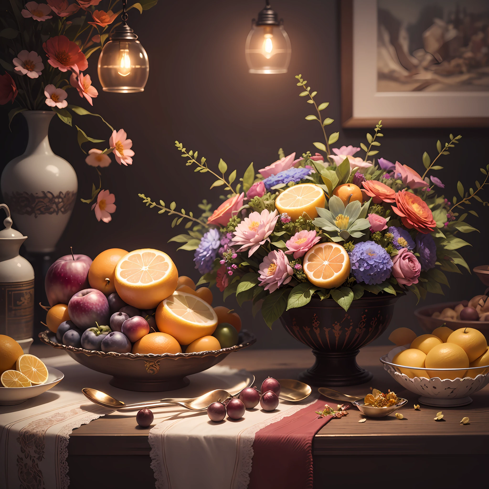 "Exquisite Still Life": A meticulously arranged still life composition with vibrant flowers, luscious fruits, and intricate details, inviting exploration of colors, textures, and light, Surrealism, color field printing, high detail, UHD, 8k, anatomically correct, cinematic lighting 4d quality --auto --s2