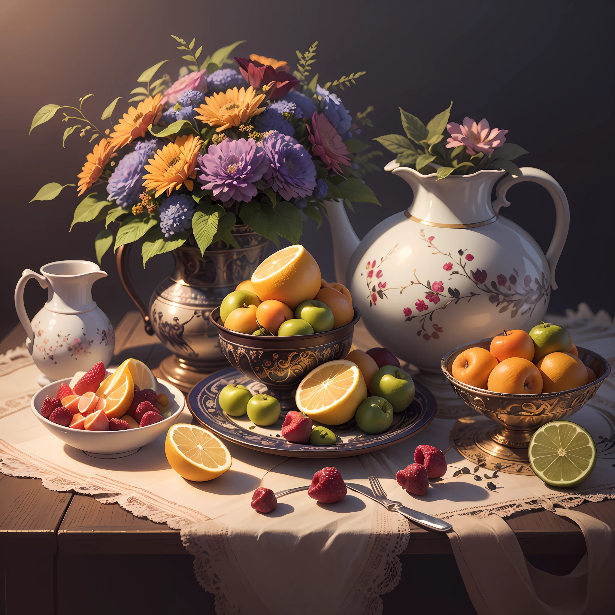 "Exquisite Still Life": A meticulously arranged still life composition with vibrant flowers, luscious fruits, and intricate details, inviting exploration of colors, textures, and light, Surrealism, color field printing, high detail, UHD, 8k, anatomically correct, cinematic lighting 4d quality --auto --s2
