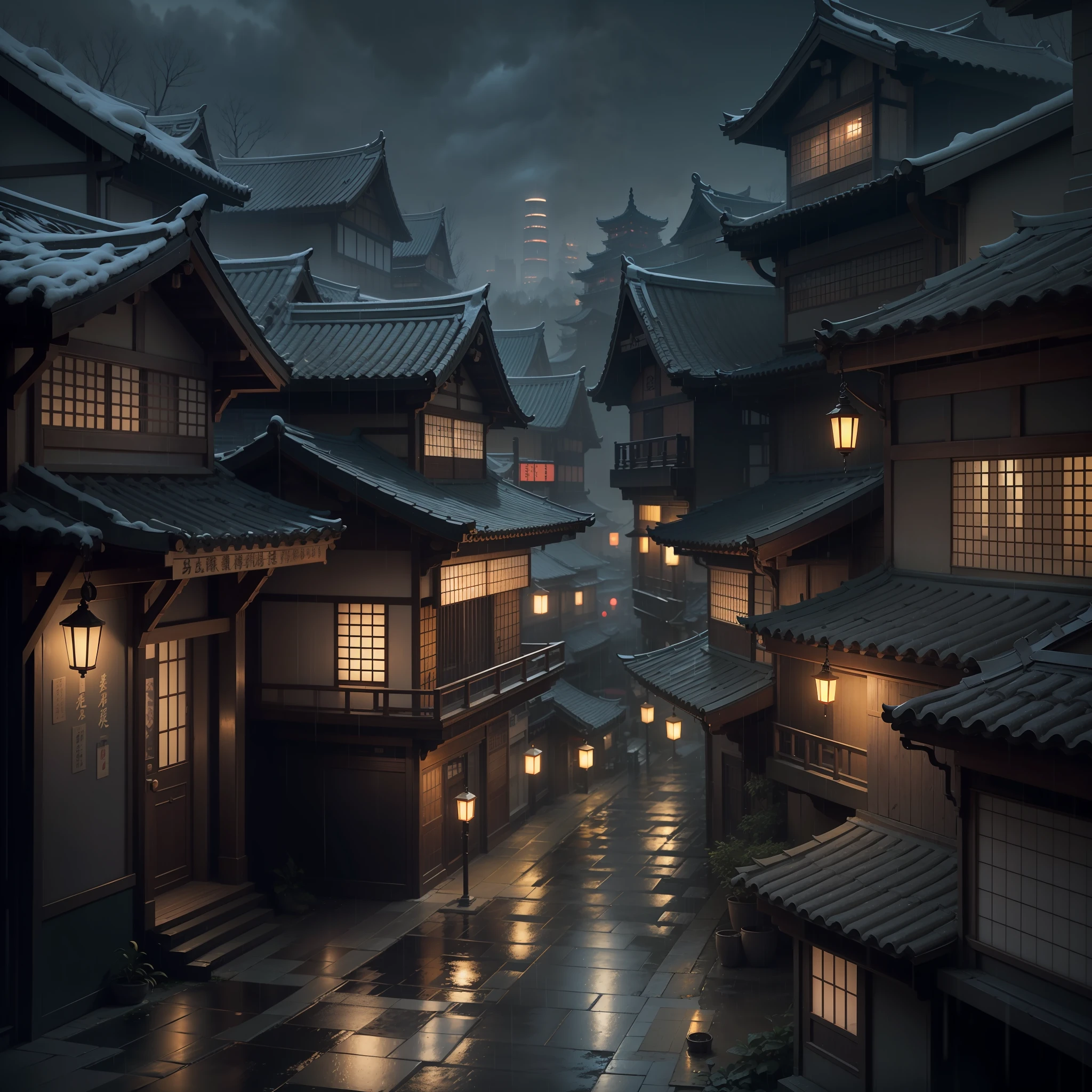 arafed view of a village with a lot of lights on the buildings, dreamy chinese town, chinese village, amazing wallpaper, japanese town, japanese village, hyper realistic photo of a town, old asian village, japanese city, by Raymond Han, rainy evening, cyberpunk chinese ancient castle, beautifully lit buildings, at evening during rain, beautiful and aesthetic, photography, cinematic, 8k, high detailed ((Heavy rain)))