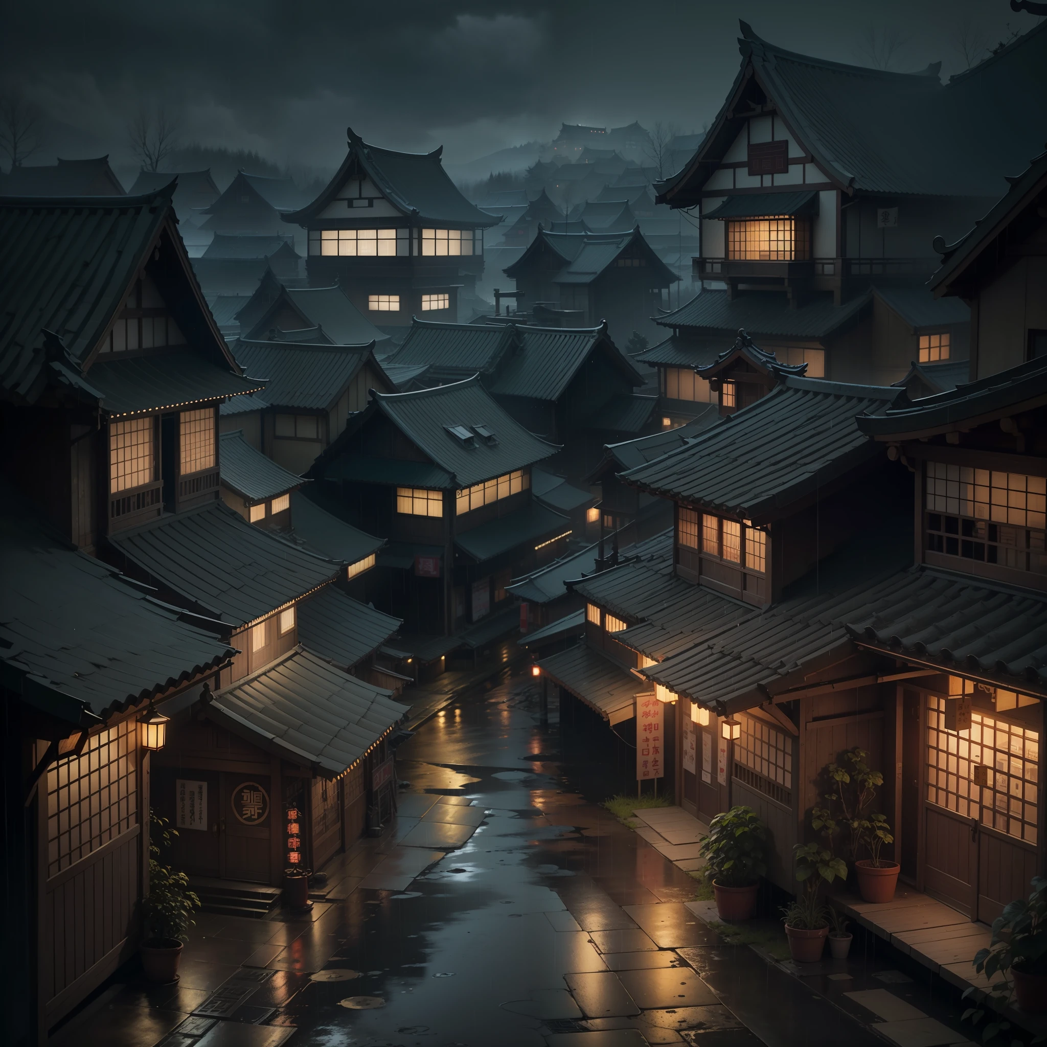 arafed view of a village with a lot of lights on the buildings, dreamy chinese town, chinese village, amazing wallpaper, japanese town, japanese village, hyper realistic photo of a town, old asian village, japanese city, by Raymond Han, rainy evening, cyberpunk chinese ancient castle, beautifully lit buildings, at evening during rain, beautiful and aesthetic, photography, cinematic, 8k, high detailed ((Heavy rain)))