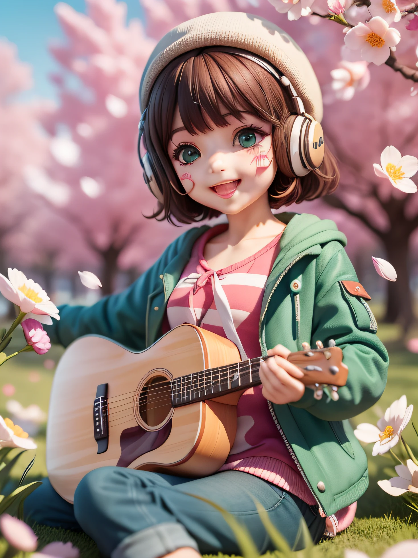 (masterpiece),(best quality),(ultra-detailed), (full body:1.2), 1girl,chibi,cute, smile, open mouth, flower, outdoors, playing guitar, music, beret, holding guitar, jacket, blush, tree, :3, shirt, short hair, cherry blossoms, green headwear, blurry, brown hair, blush stickers, long sleeves, bangs, headphones, black hair, pink flower, (beautiful detailed face), (beautiful detailed eyes),