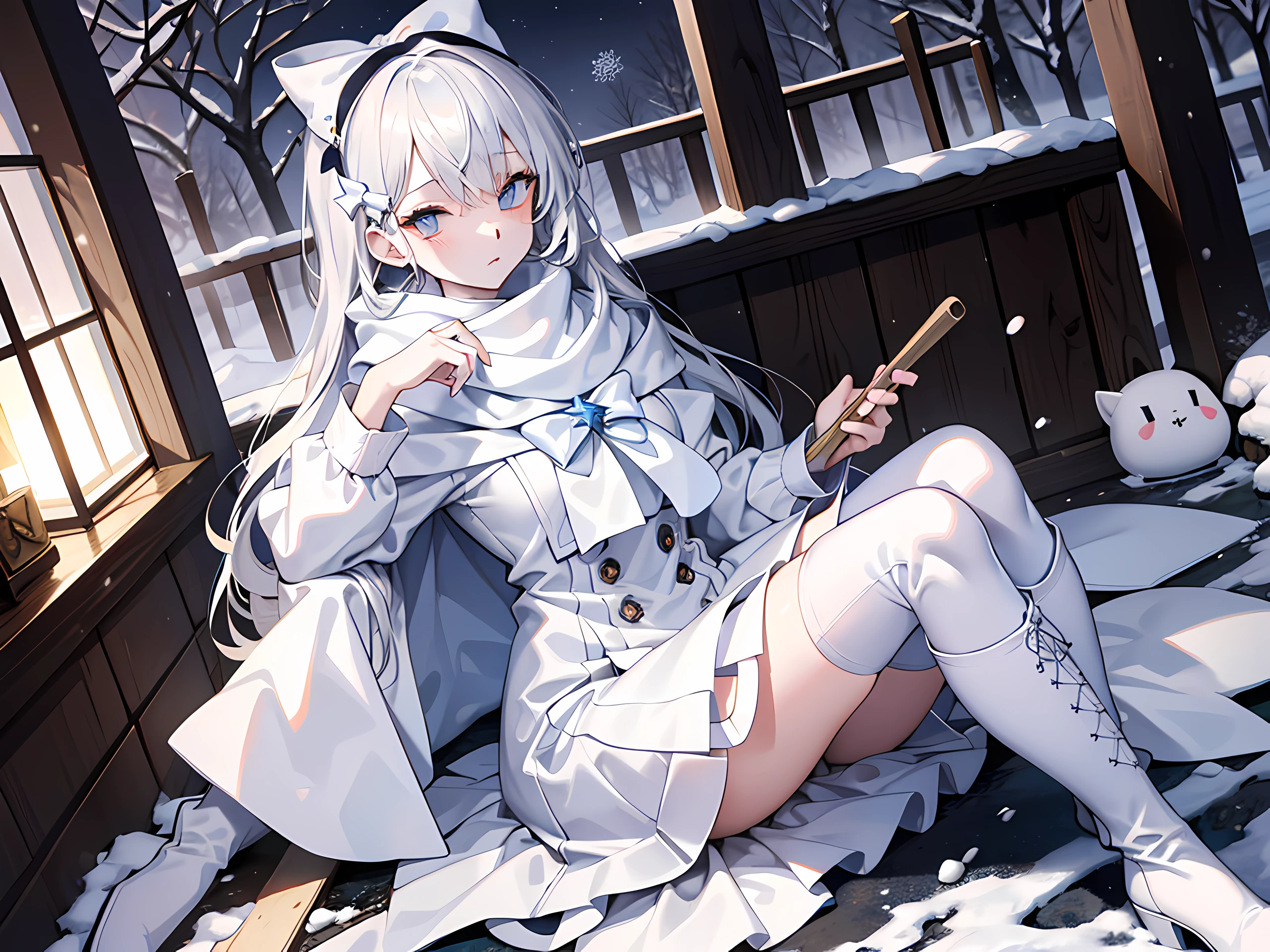 Light blue eyes，Princess cut，gray hairs，White thigh boots，White Gothololita，White over-the-knee stockings，white bows，Full body like，sweeping bangs，half-closed eye，Long white scarf，forested，Night，winter season，a masterpiece of，4K，Award-winning photos，Extremely detailled，finely detailled，Highly detailed woman，Teen girls，Extremely detailed eyes and face，Best Quority，indifferent expression