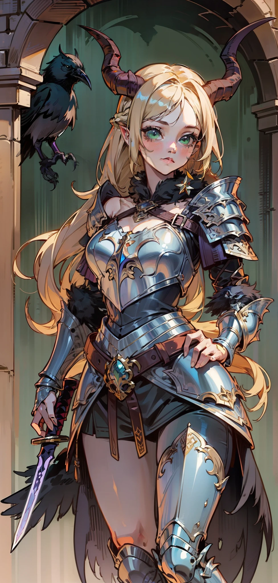Best quality, masterpiece, ultra high res, (photorealistic:1.4), raw photo, 1girl, offshoulder, in the dark, deep shadow, low key, cold light, green eyes, ((horns)), very long hair, bangs, leather fantasy clothes, demon, big bust, cute face, full body, medieval , (((full body))), silver details, medieval clothes, detailed face, boots, (((magic sword))), shield, belt, bracelets, (((shoulder armor))), elegant, (((furr))), (((crow))), braided hair, silver ornaments, (((perfect face))), blonde hair, masterpiece, long legs