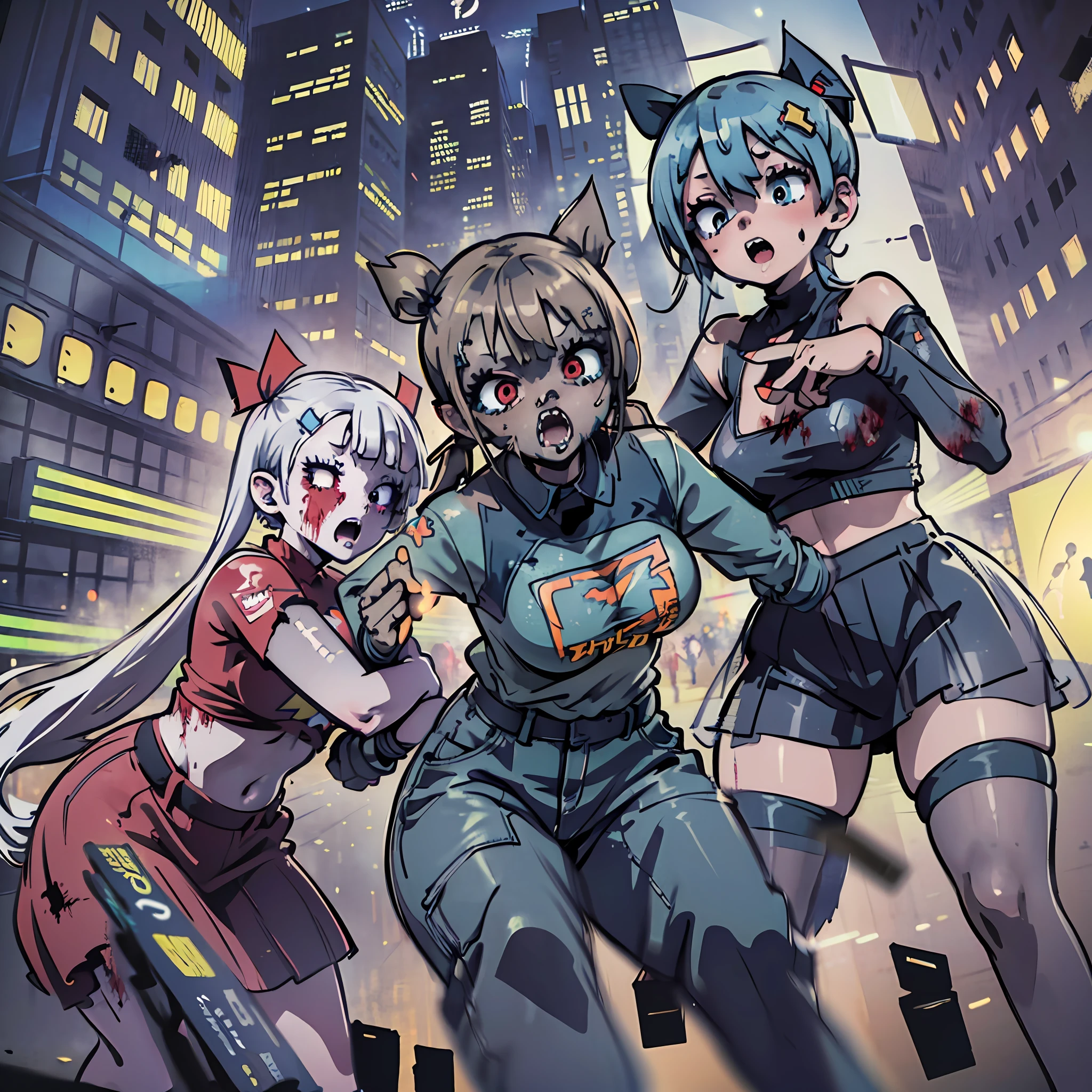 (award winning 8k concept art:1.3) of (three young woman attacking the viewer, open mouth, many zombies, crowd:1.3), extremely detailed background, biting, giant zombie chibi in the background, darkness, flash, close to camera, sweet, front, epic, (masterpiece:1.4), (best quality:1.4), Amazing, beautiful, finely detailed, (Depth of field:1.4), 8k, fine art, stunning, (light reflections:1), (crisp:1.6), red twin tails, vibrant, (edge detection:1.4), absurdres, impressive, 120mm, clear, lens flare, wide shot, wide angle, scenery