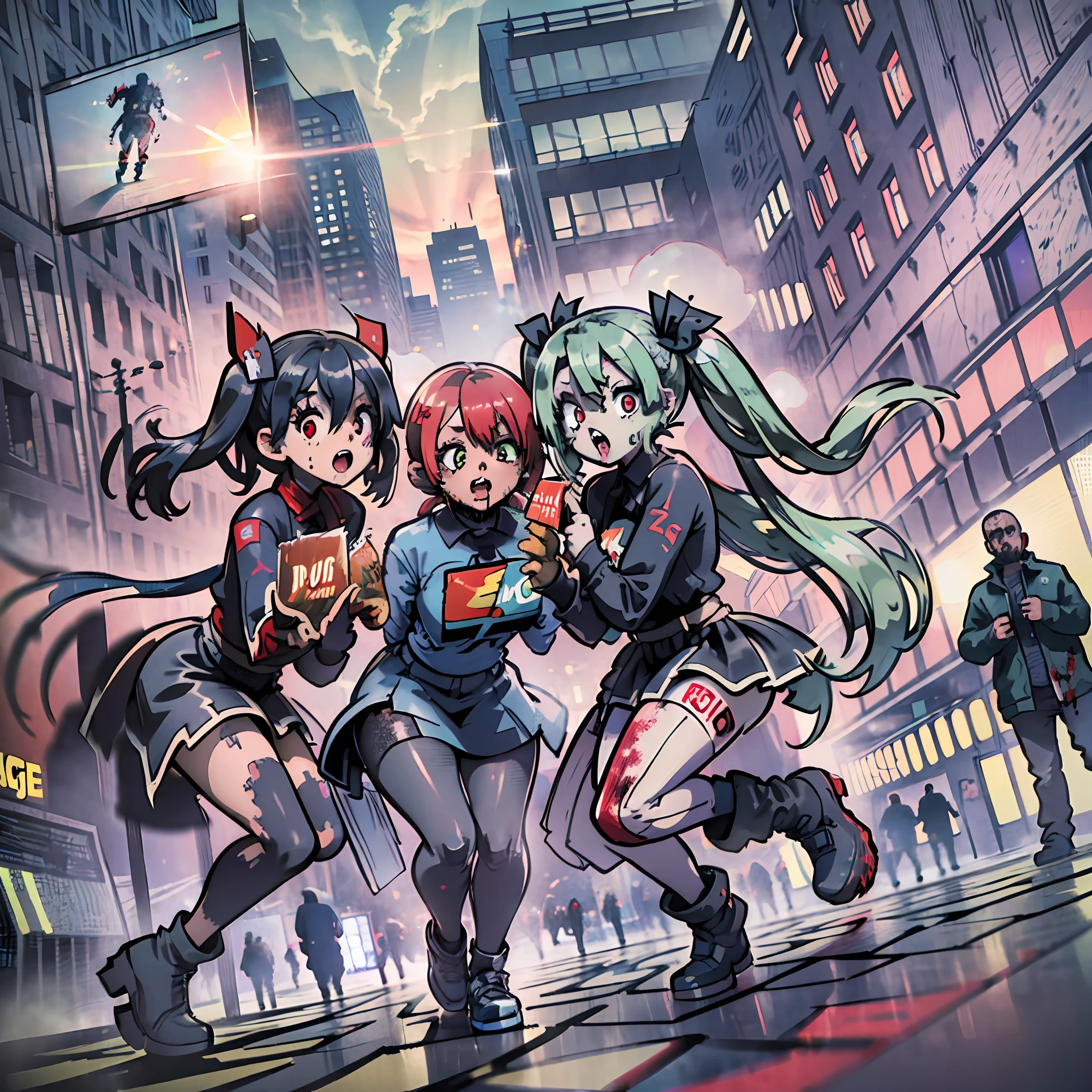 (award winning 8k concept art:1.3) of (three young woman attacking the viewer, open mouth, many zombies, crowd:1.3), extremely detailed background, biting, giant zombie chibi in the background, darkness, flash, close to camera, sweet, front, epic, (masterpiece:1.4), (best quality:1.4), Amazing, beautiful, finely detailed, (Depth of field:1.4), 8k, fine art, stunning, (light reflections:1), (crisp:1.6), red twin tails, vibrant, (edge detection:1.4), absurdres, impressive, 120mm, clear, lens flare, wide shot, wide angle, scenery