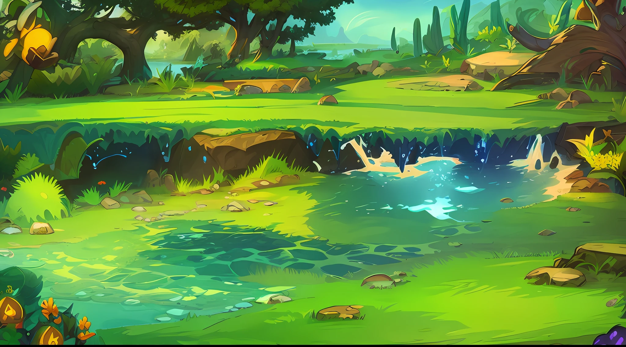 Game map design，cartoonish style，Side-scrolling battle scenes，forest theme、Faraway view、The middle view is a flat ground，Close-up，angle of depression，gameicon，a masterpiece of，Epic composition，Best Quority，superhighresolution，8K
