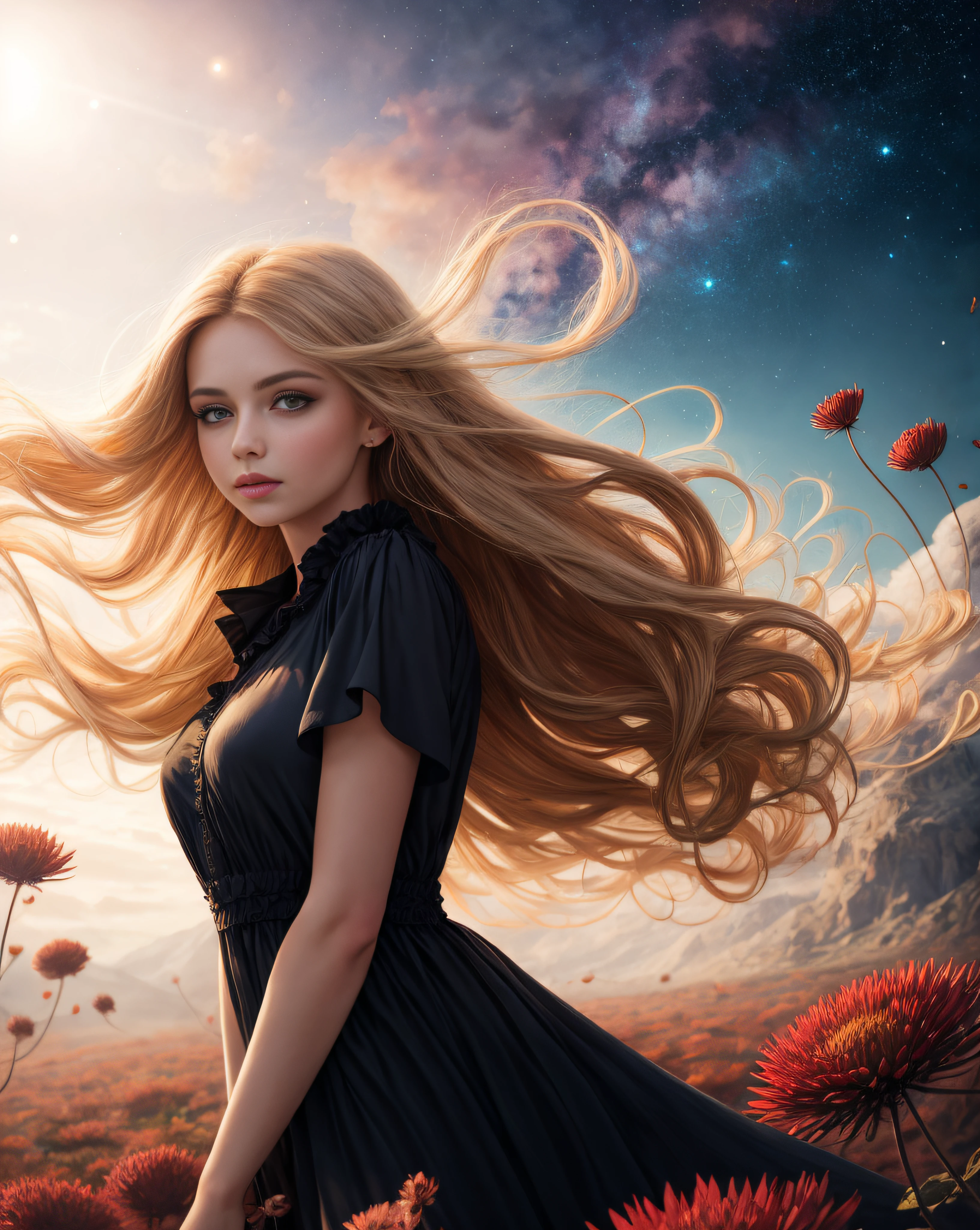 (best quality, masterpiece), young woman, pose, particle, wind, flower, upper body, simple background, looking at viewer, long curly windblown blonde hair, galaxy, backlit, rimlight, beautiful artwork, perfect composition