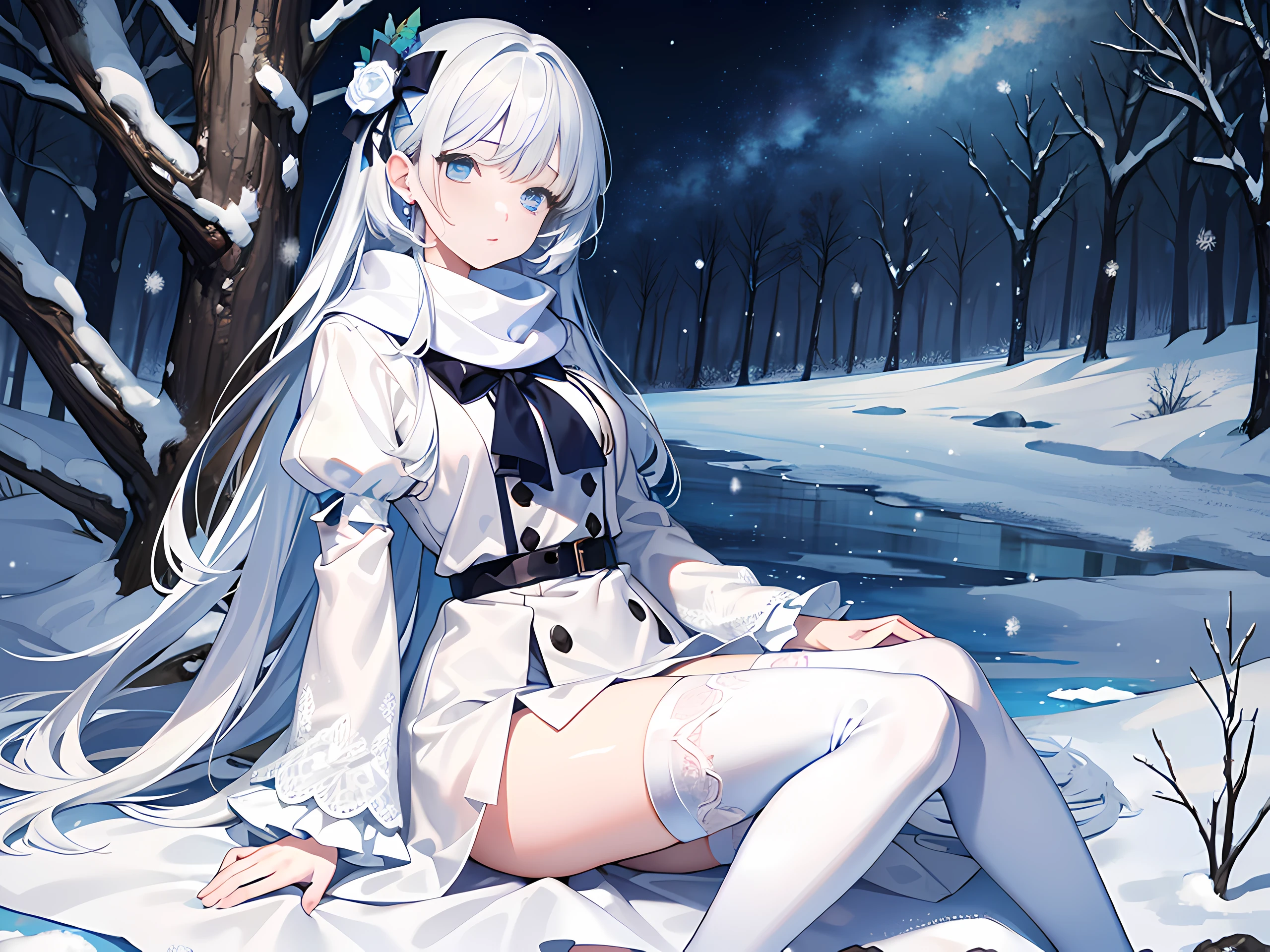 Light blue eyes，Princess cut，gray hairs，White thigh boots，White Gothololita，White over-the-knee stockings，white bows，Full body like，sweeping bangs，half-closed eye，Long white scarf，forested，Night，winter season，a masterpiece of，4K，Award-winning photos，Extremely detailled，finely detailled，Highly detailed woman， girls，Extremely detailed eyes and face，Best Quority，Indifferent expression