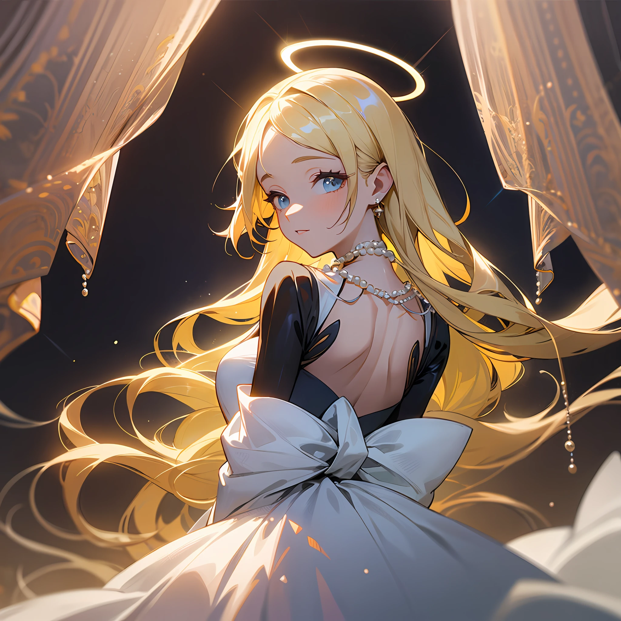 A blonde girl in a dress of pearls, her hair cascading down her back, a halo of light around her head, and a transparent fabric dress that shimmers in the light.