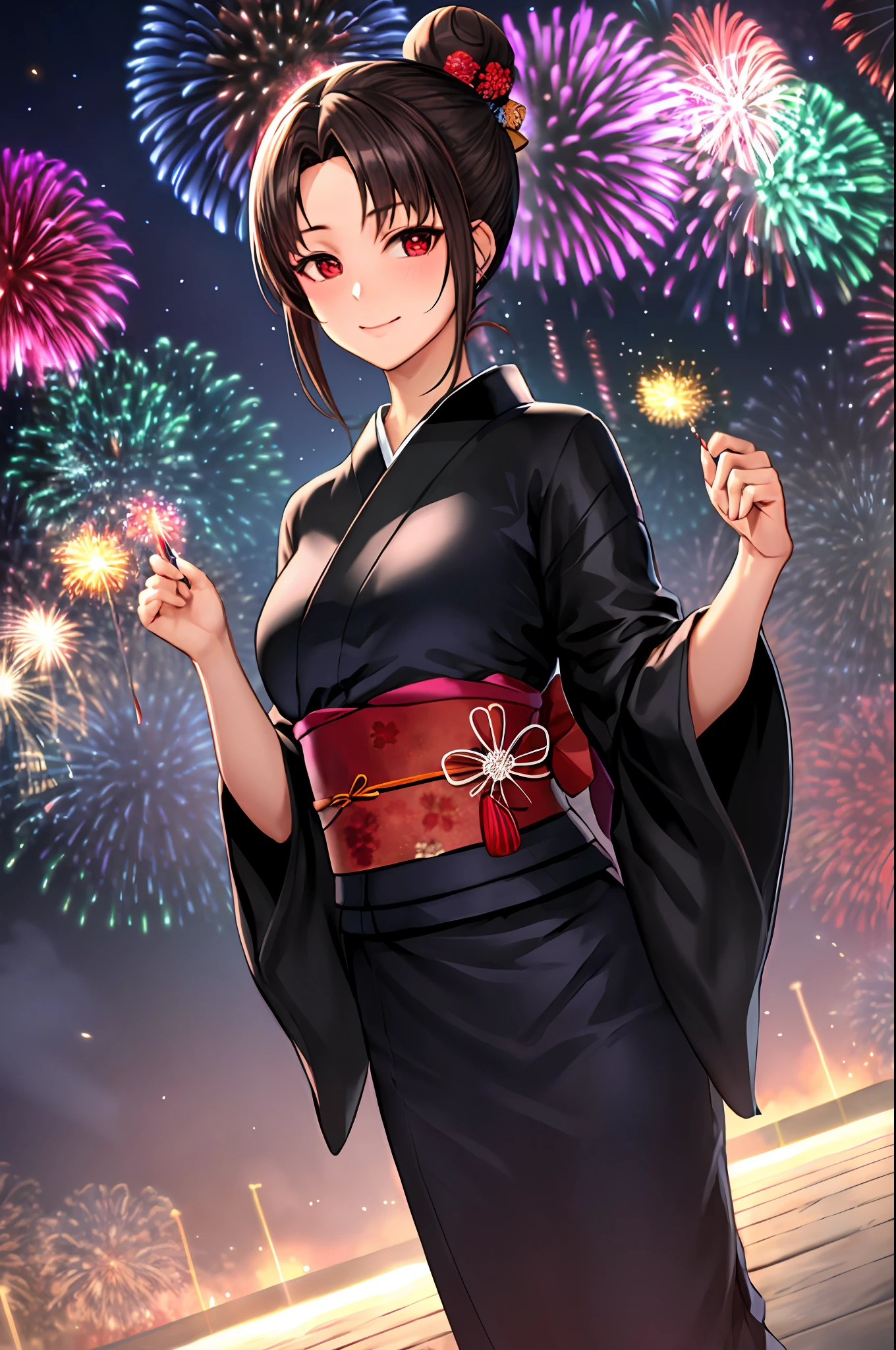 neoartcore, 1girl in, Black kimono, Blonde hair, Breasts, 鎖骨, Dutch Angle, firework background, Fireworks, Forehead,  Hair bun, Komono, Kimono, Long hair, Looking at Viewer, medium breasts, black colored hair, Parted bangs, purple sash, Red Eyes, brown haired, sash, side locks, Single hair bun, Solo, Yukata, ((masute piece))